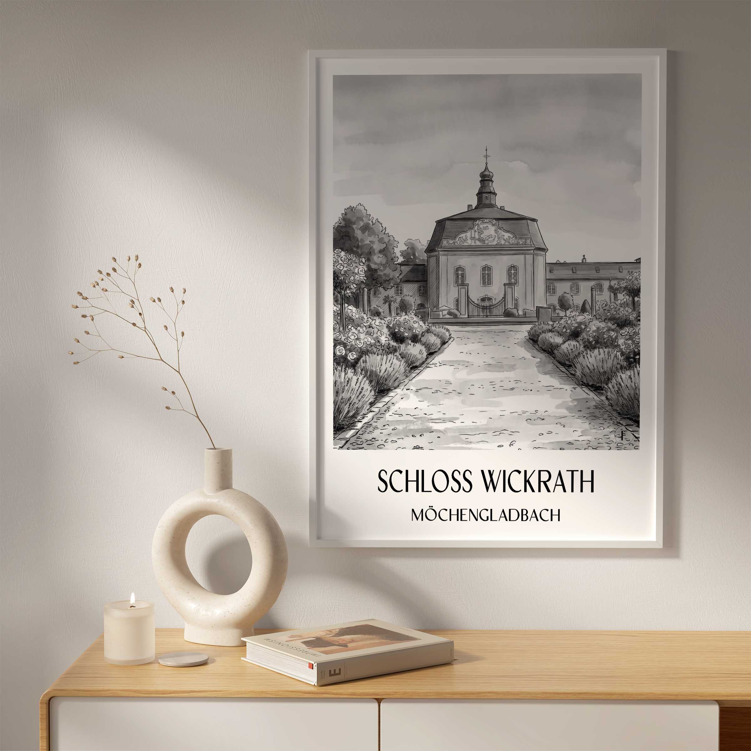 schloss-wickrath-möchengladbach-deutschland-poster-aquarell-schwarz-weiss