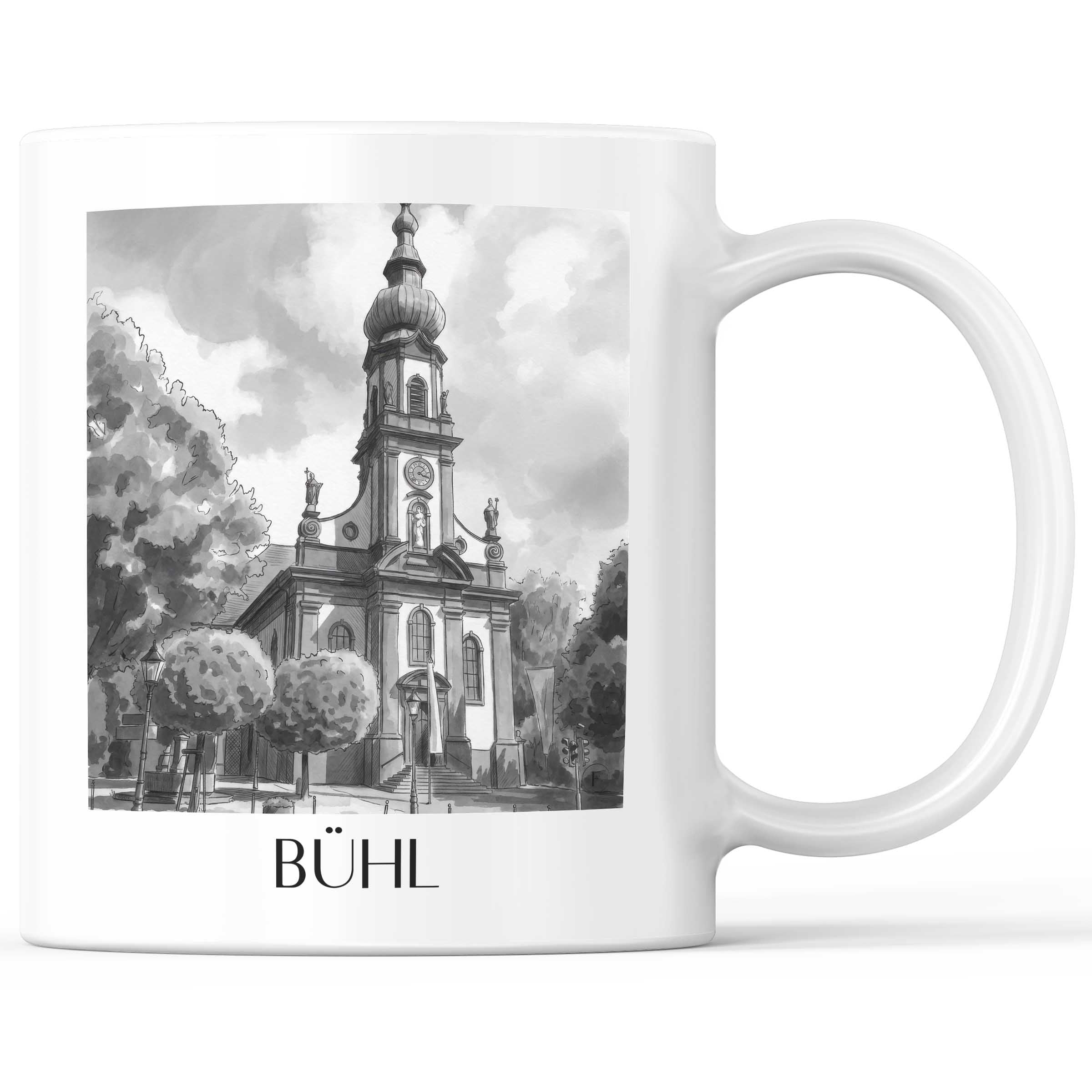 Bühl Kaffeebecher - Schwarzwald - Deutschland Becher - Kaffeetasse im Aquarell Schwarz-Weiß Stil