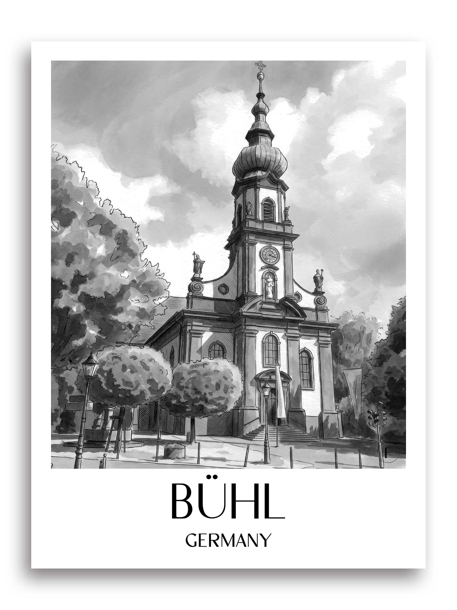 Bühl Poster - Schwarzwald - Deutschland Kunstdruck - Aquarell Schwarz-Weiß von A4 bis A1