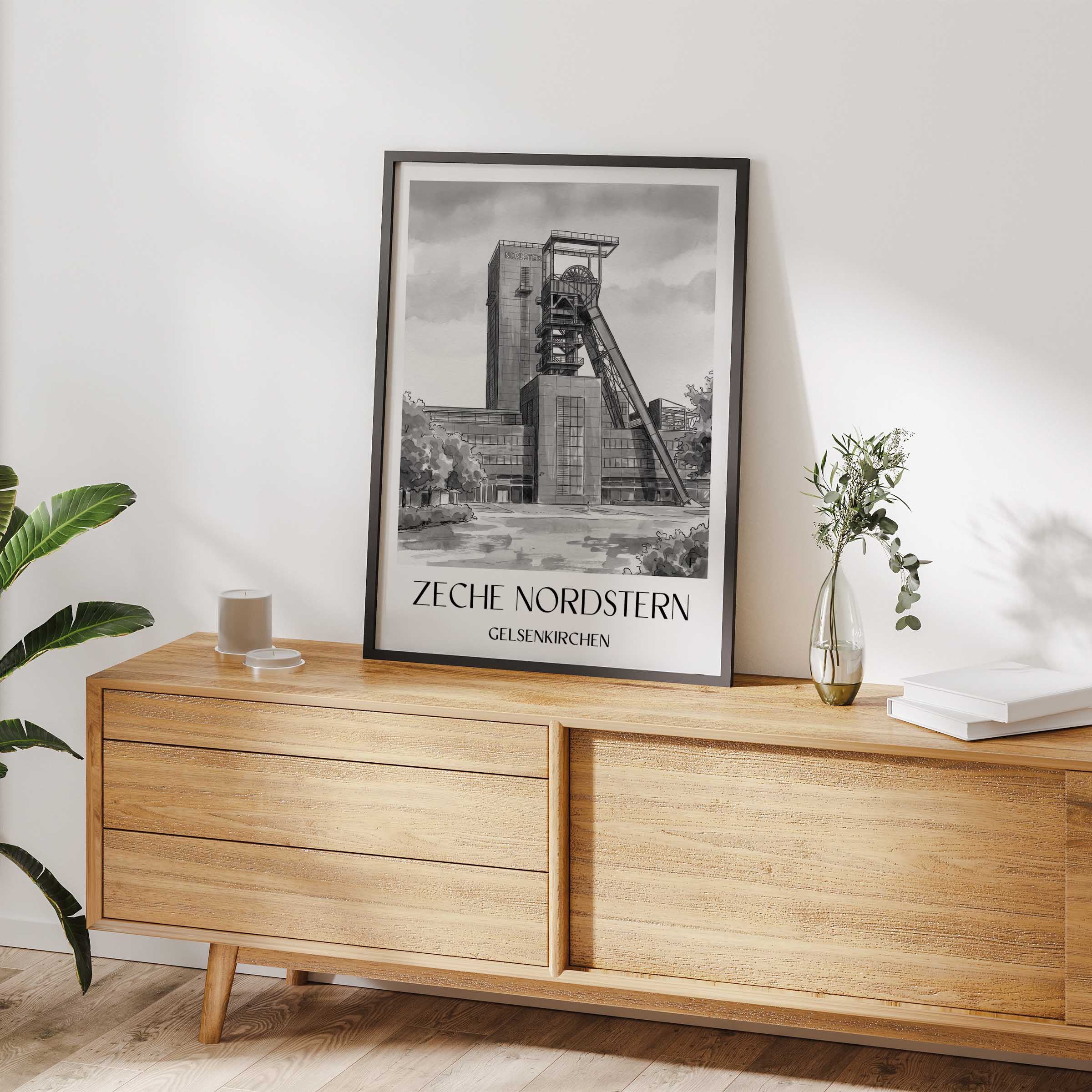 zeche-nordstern-gelsenkirchen-deutschland-poster-aquarell-schwarz-weiss