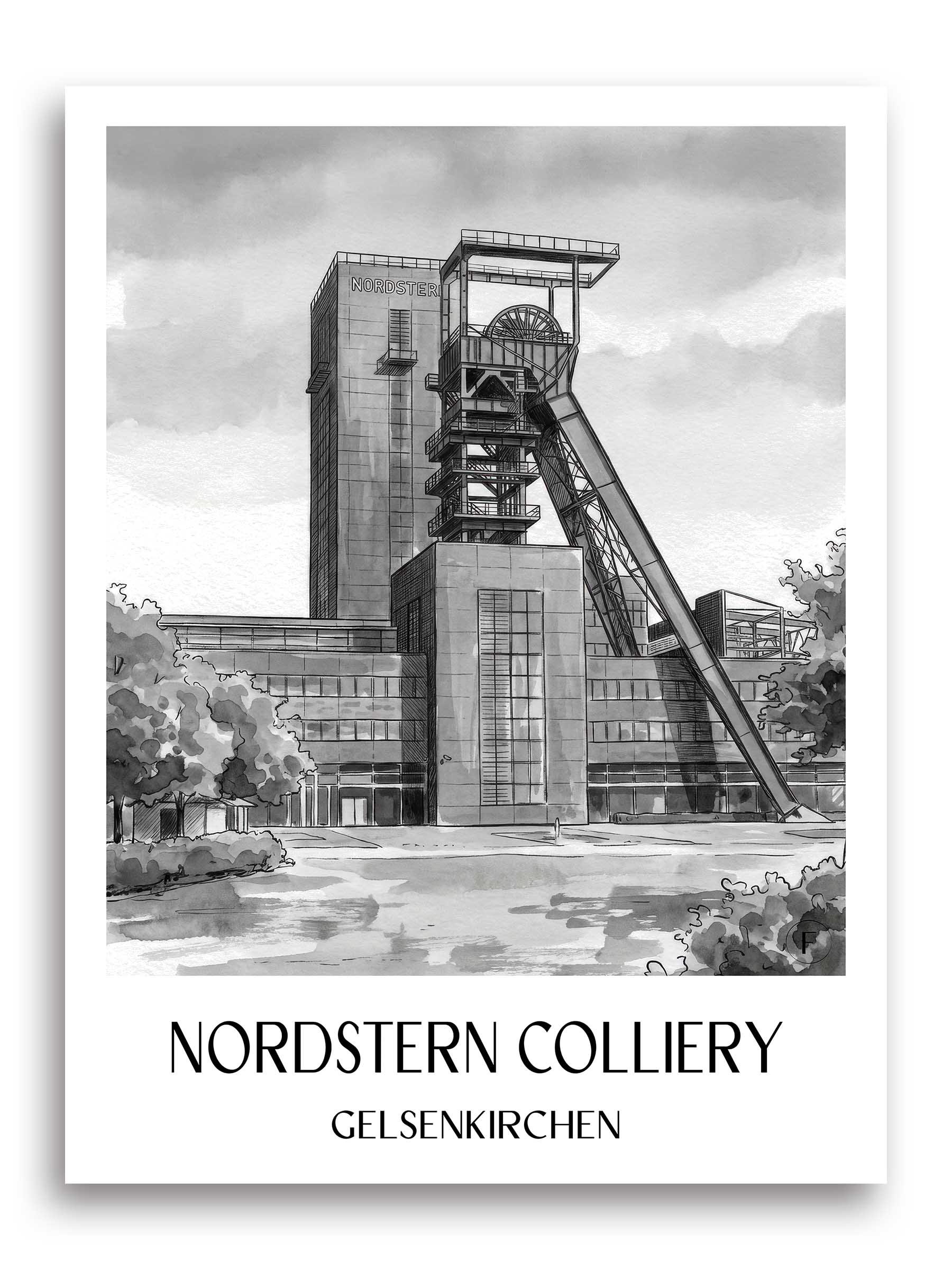 Zeche Nordstern Poster - Gelsenkirchen - Deutschland Kunstdruck - Aquarell Schwarz-Weiß von A4 bis A1