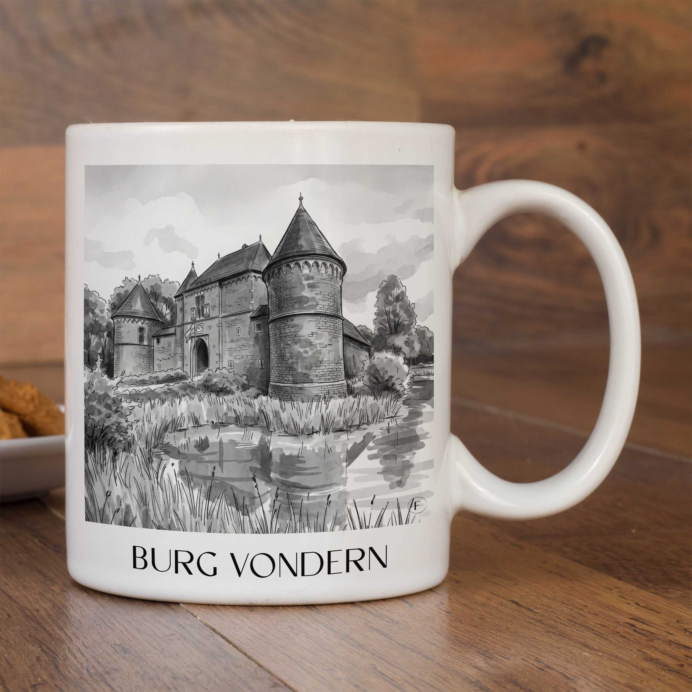 burg-vondern-oberhausen-deutschland-kaffeebecher-aquarell-schwarz-weiss