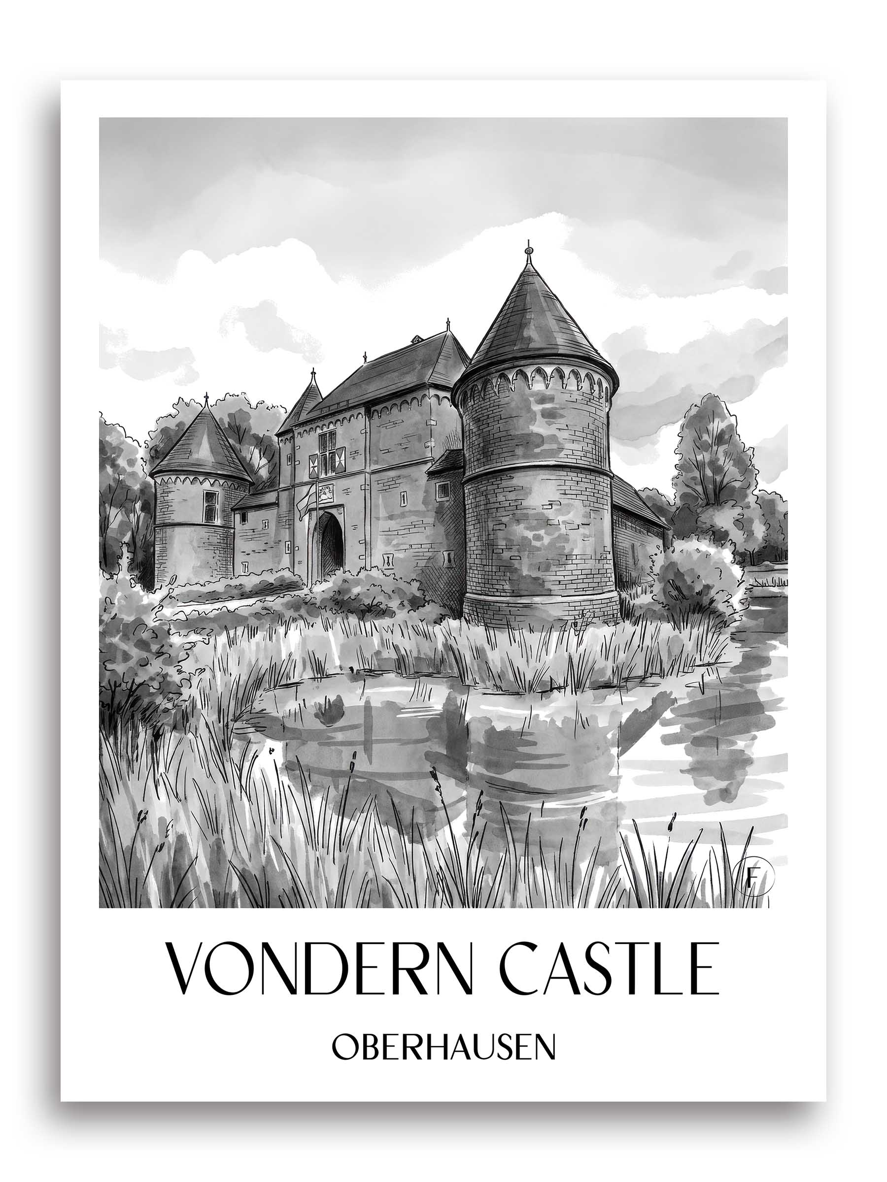 Burg Vondern Poster - Oberhausen - Deutschland Kunstdruck - Aquarell Schwarz-Weiß von A4 bis A1