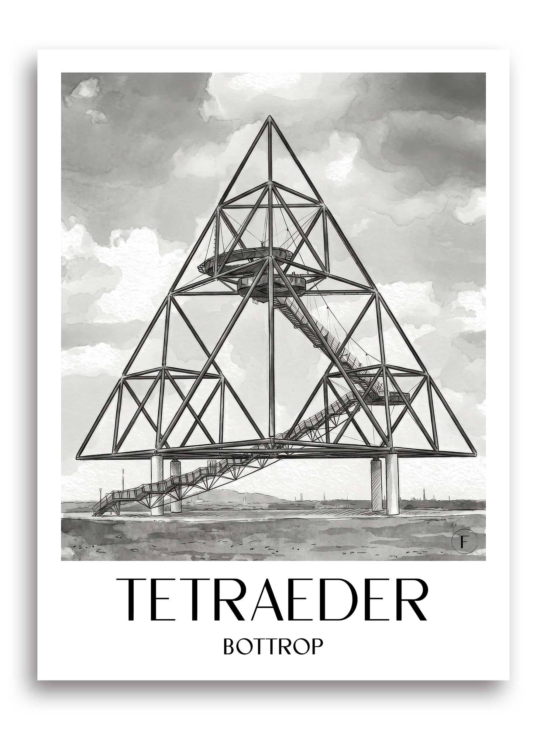 tetraeder-bottrop-deutschland-poster-aquarell-schwarz-weiss