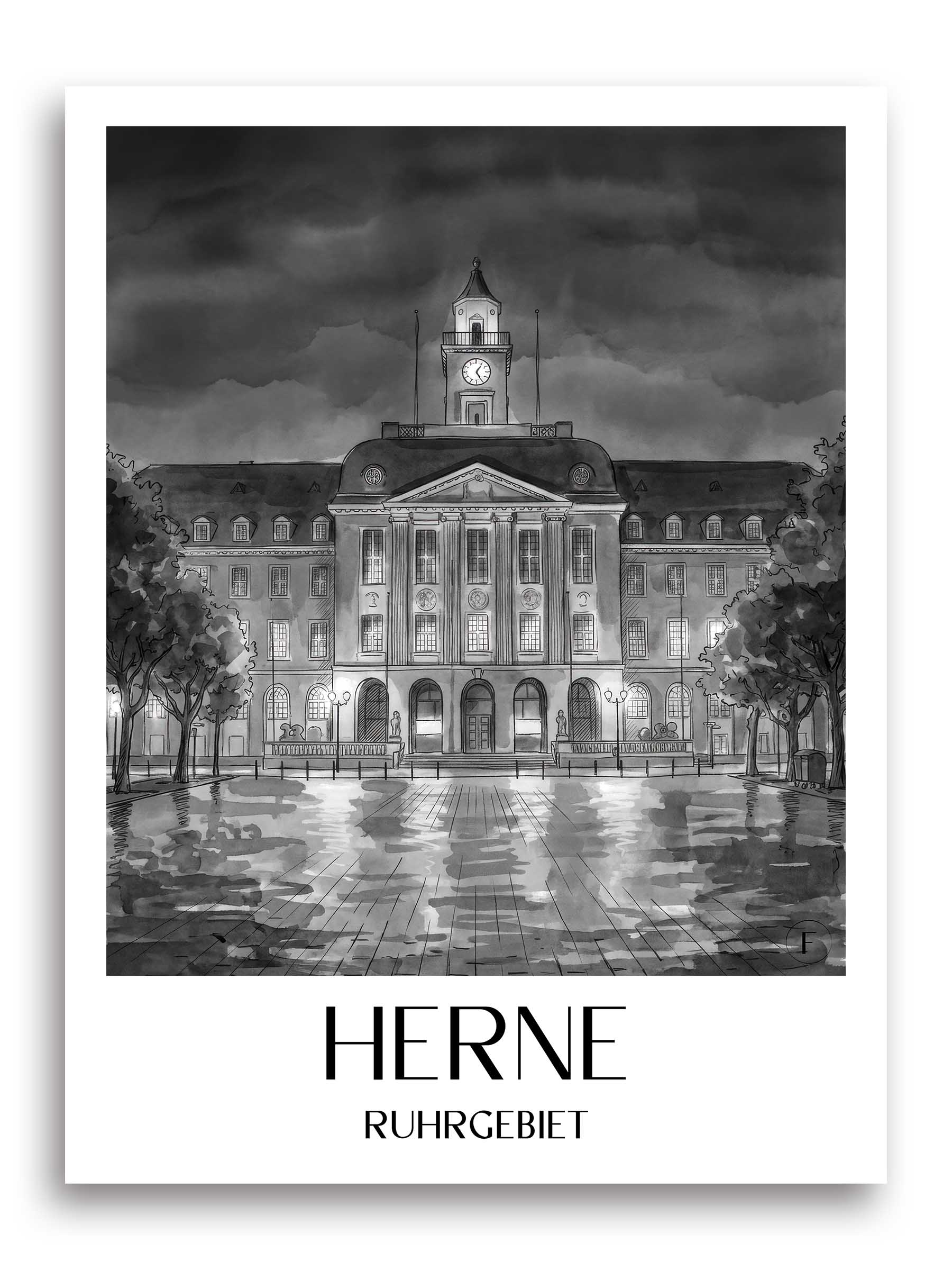 herne-ruhrgebiet-deutschland-poster-aquarell-schwarz-weiss