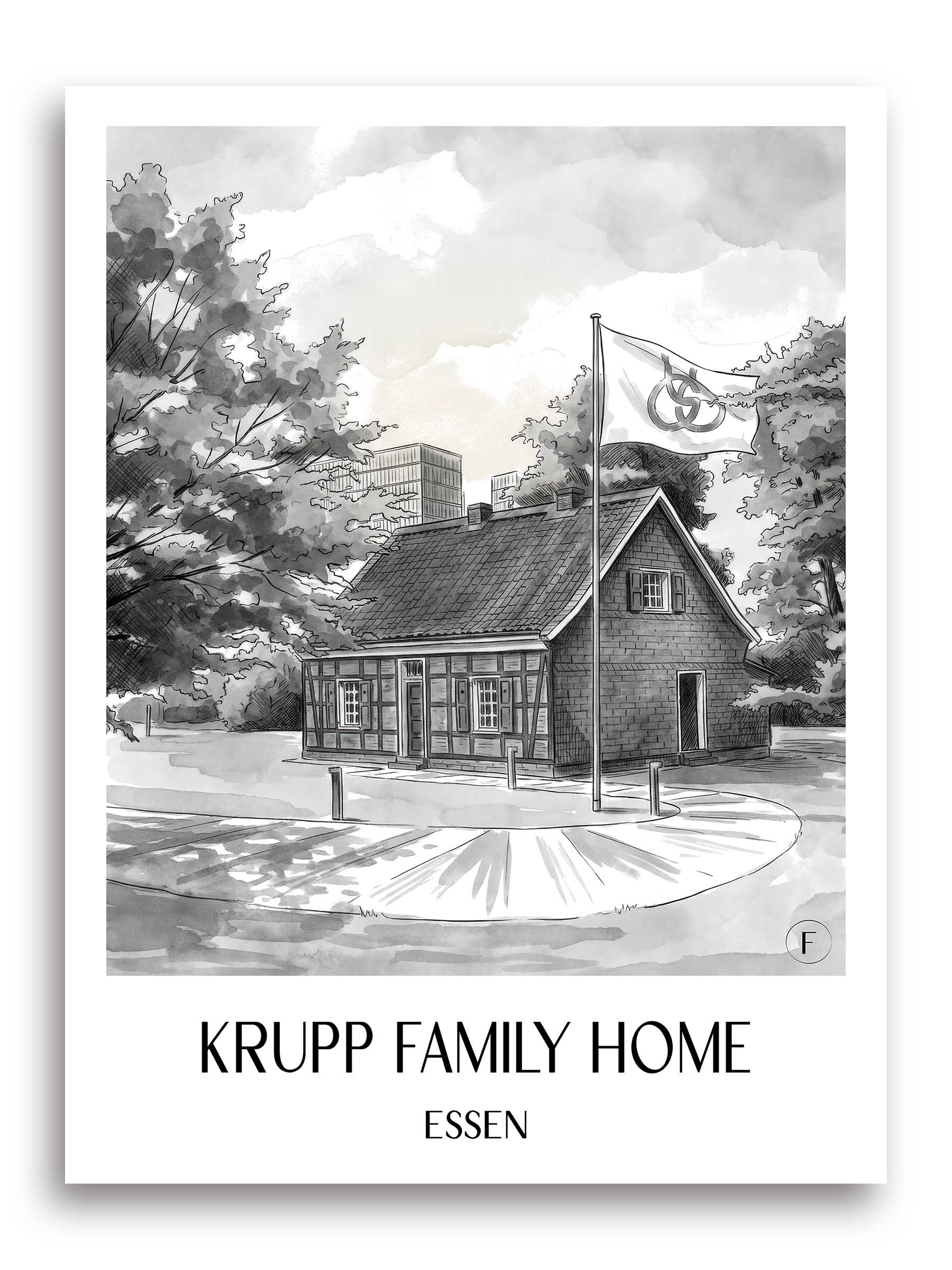 Stammhaus Krupp Poster - Essen - Deutschland Kunstdruck - Aquarell Schwarz-Weiß von A4 bis A1