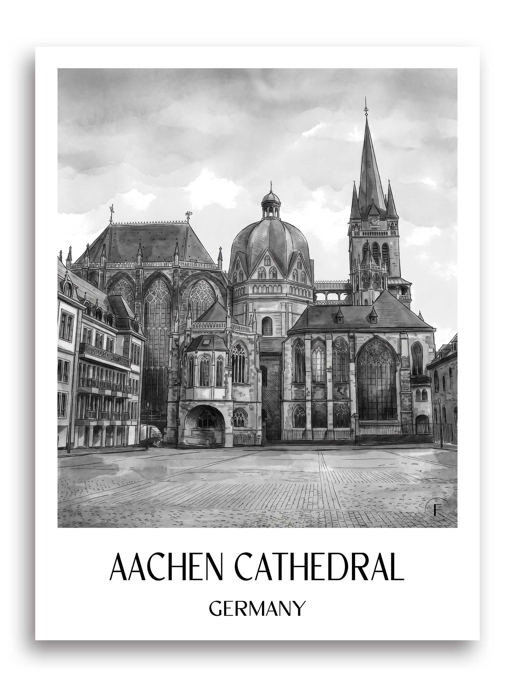 Aachener Dom Poster - Rheinland - Deutschland Kunstdruck - Aquarell Schwarz-Weiß von A4 bis A1