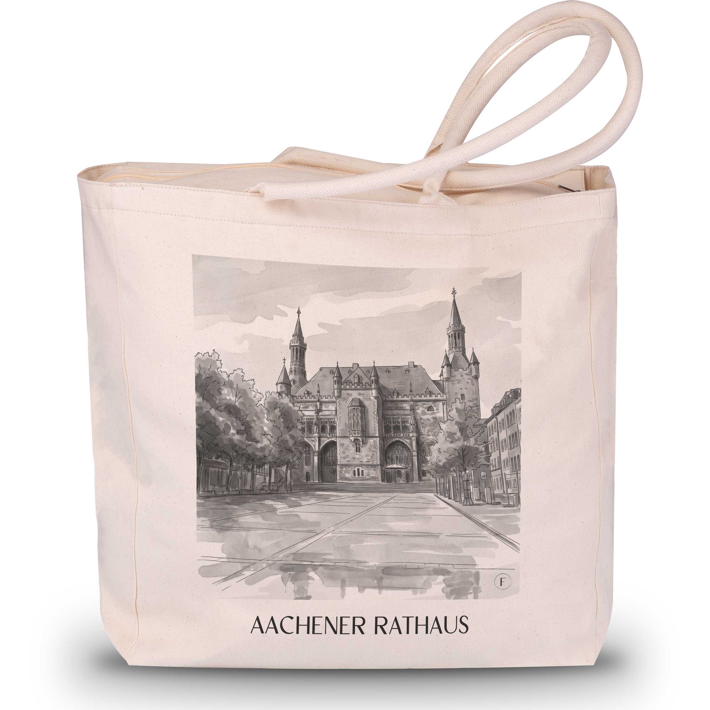 rathaus--aachen-deutschland-einkaufstasche-aquarell-schwarz-weiss