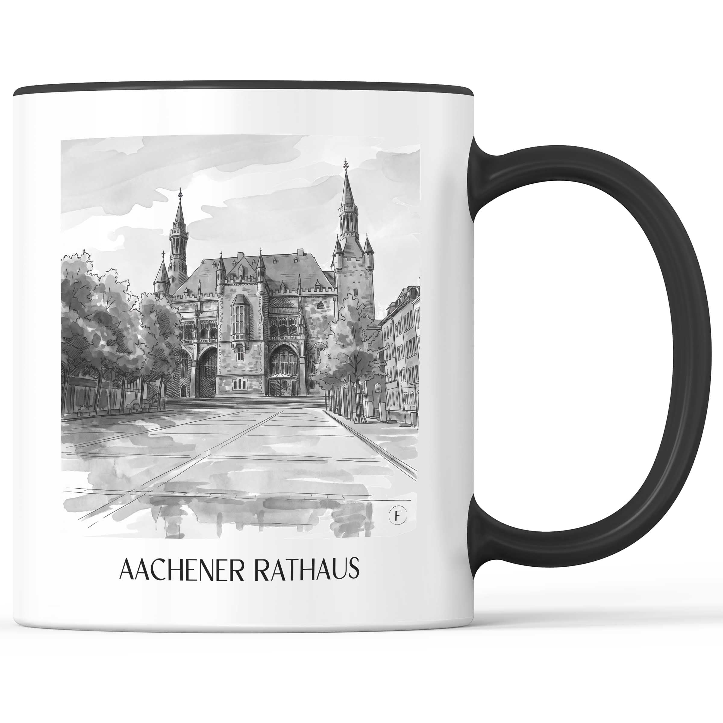 rathaus--aachen-deutschland-kaffeebecher-aquarell-schwarz-weiss