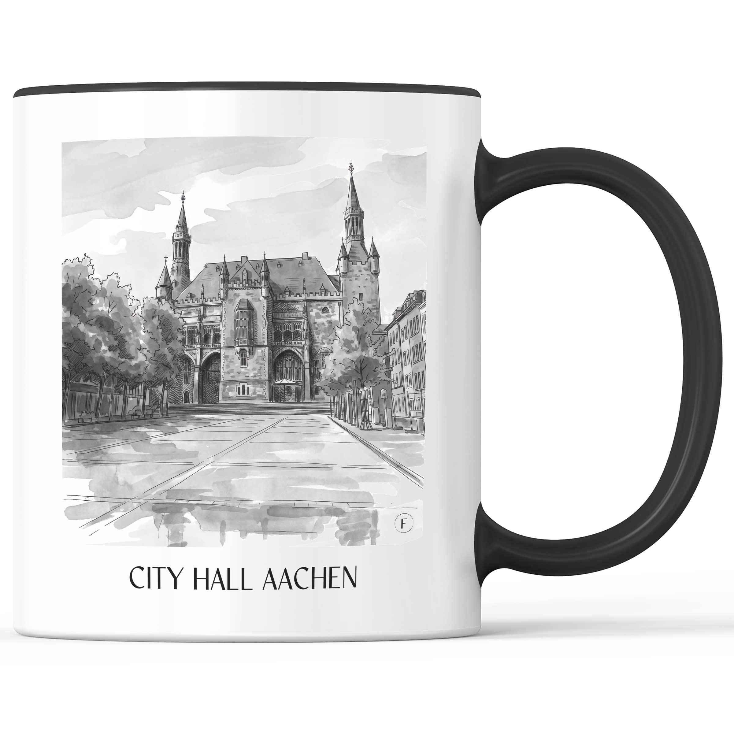 Rathaus Kaffeebecher - Aachen - Deutschland Becher - Kaffeetasse im Aquarell Schwarz-Weiß Stil