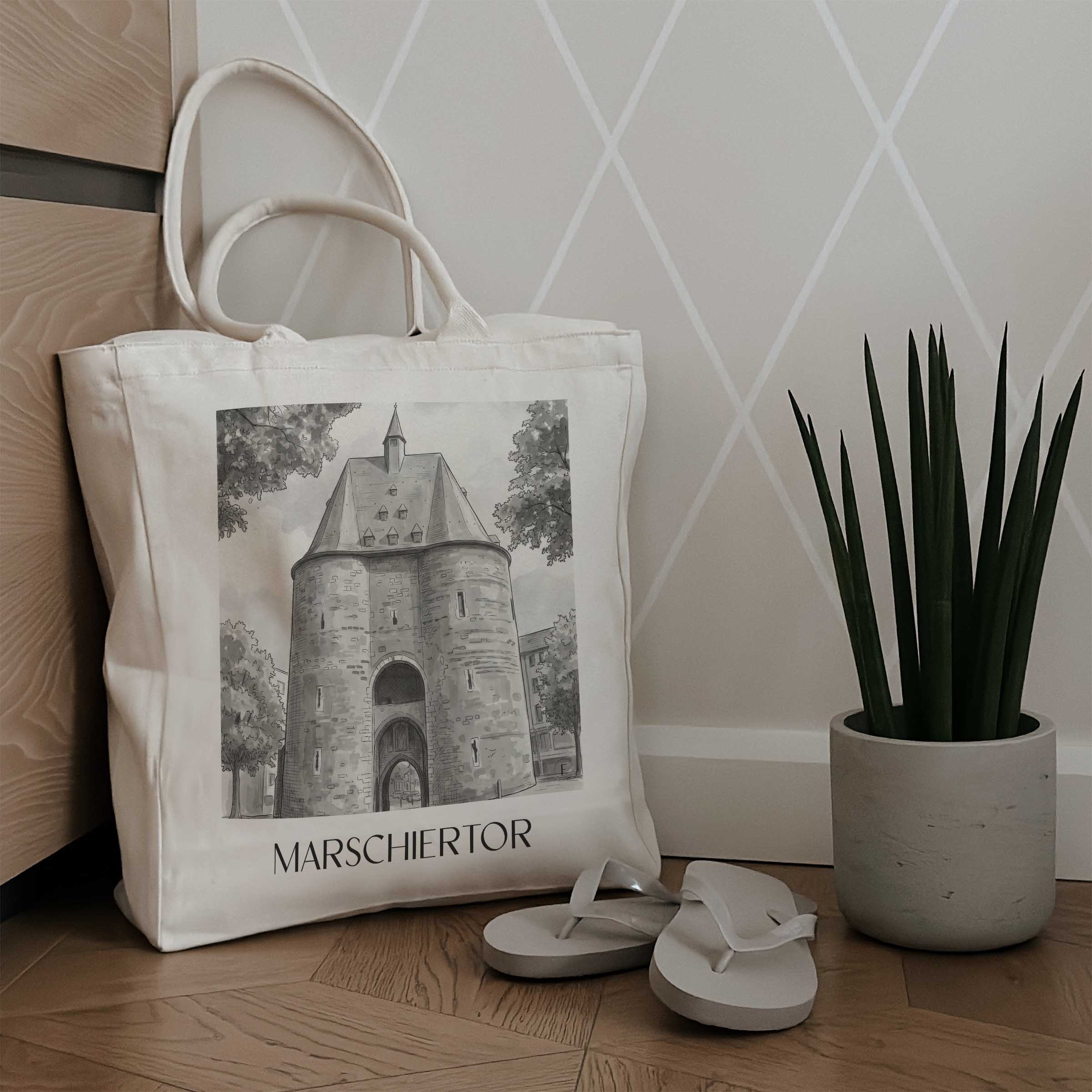 marschiertor-aachen-deutschland-einkaufstasche-aquarell-schwarz-weiss