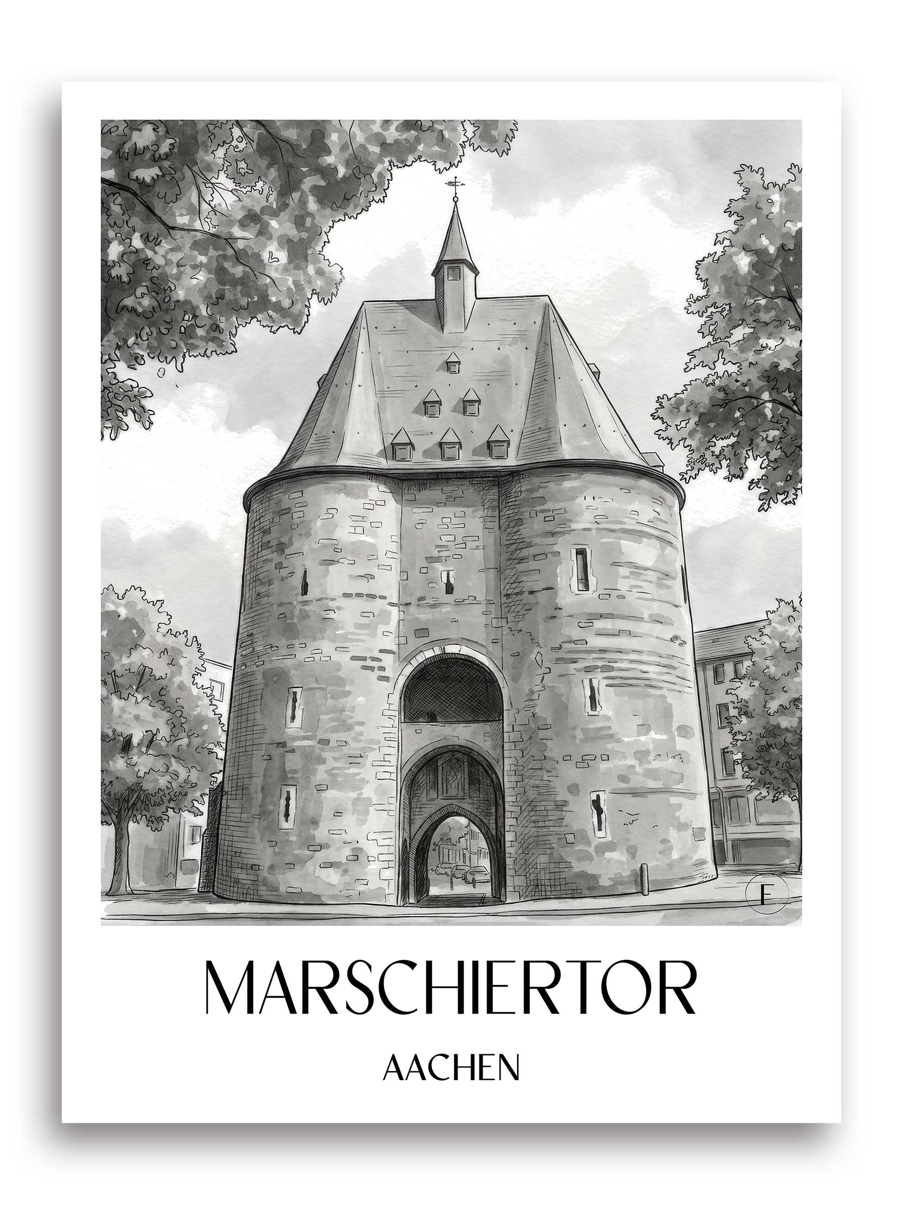 marschiertor-aachen-deutschland-poster-aquarell-schwarz-weiss