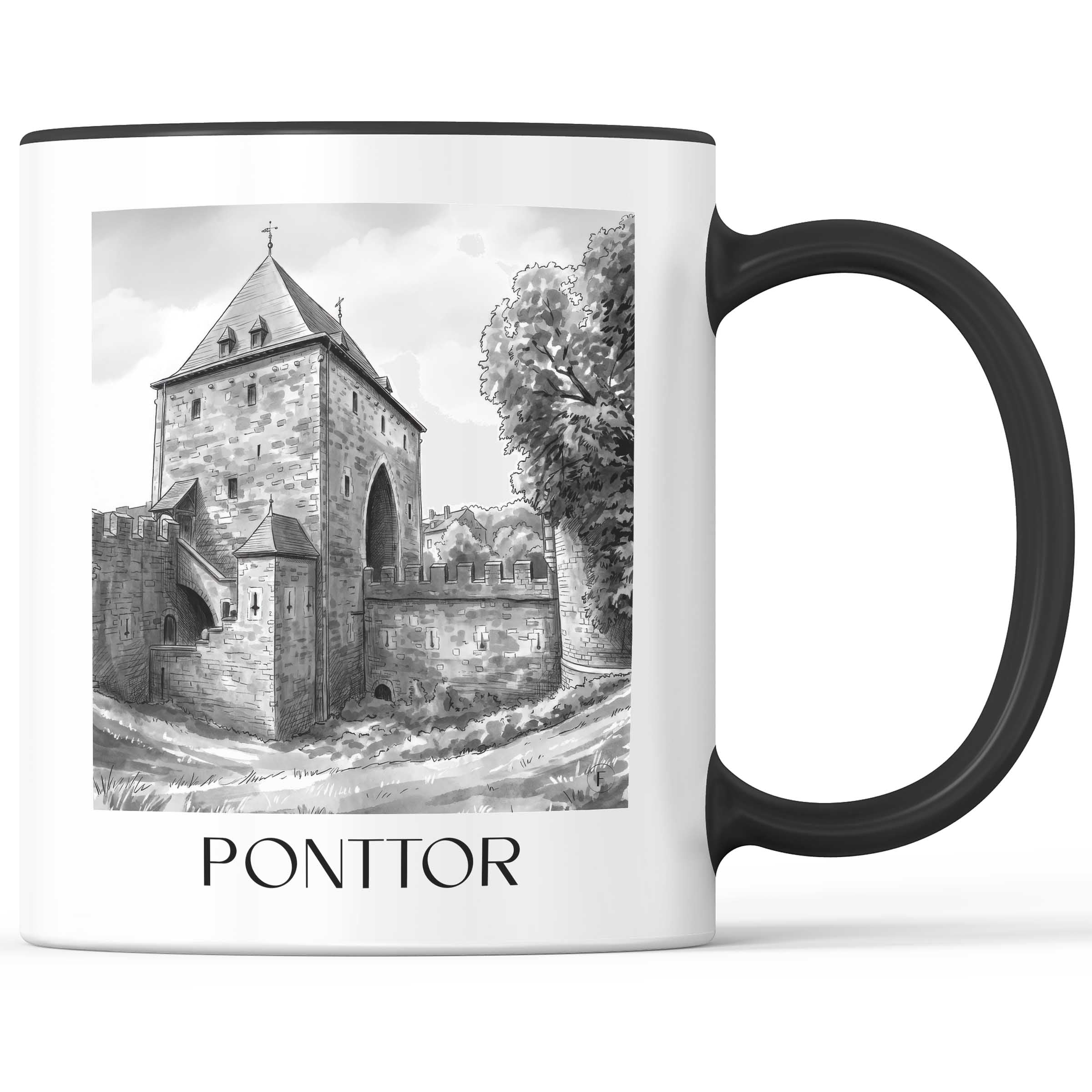 ponttor-aachen-deutschland-kaffeebecher-aquarell-schwarz-weiss