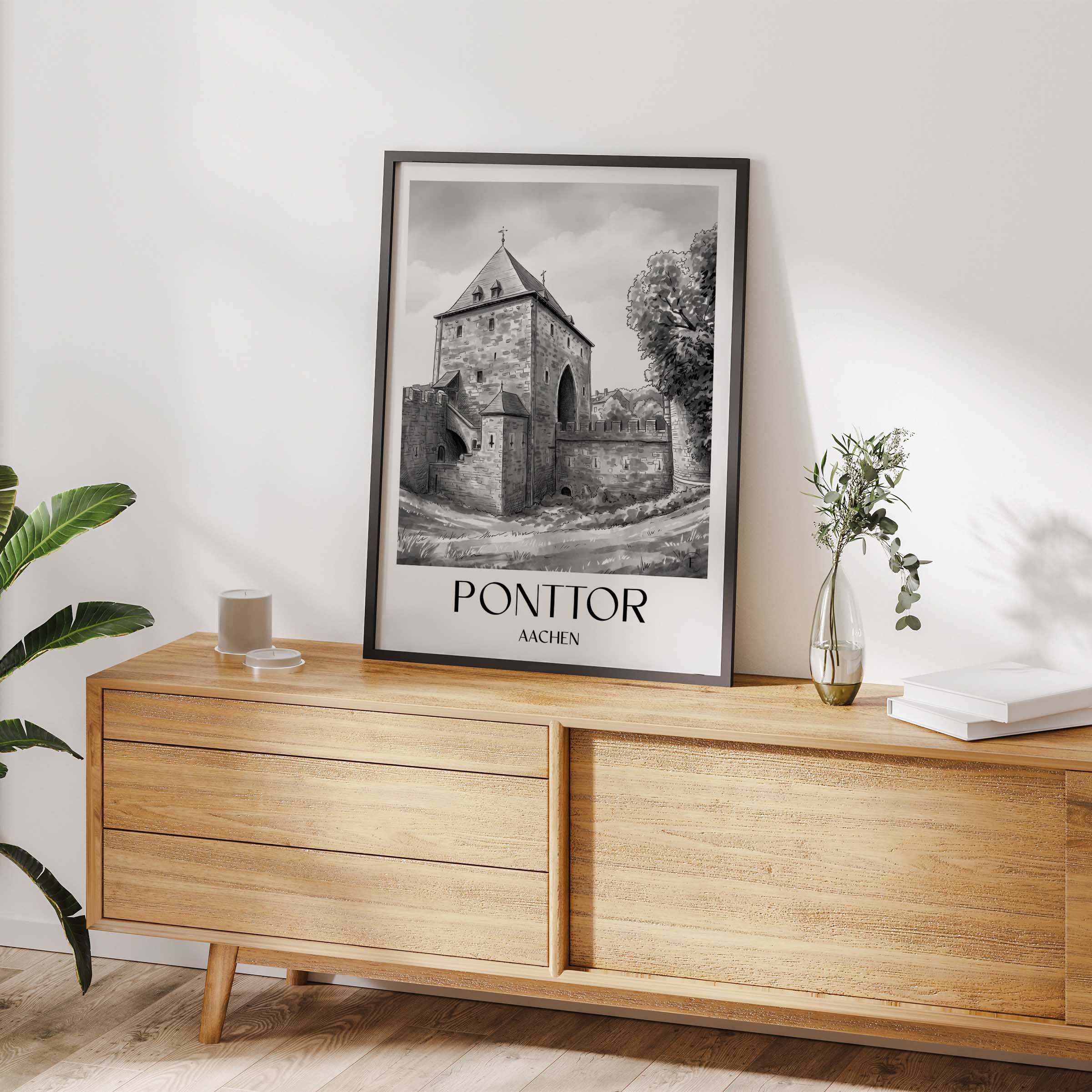 ponttor-aachen-deutschland-poster-aquarell-schwarz-weiss