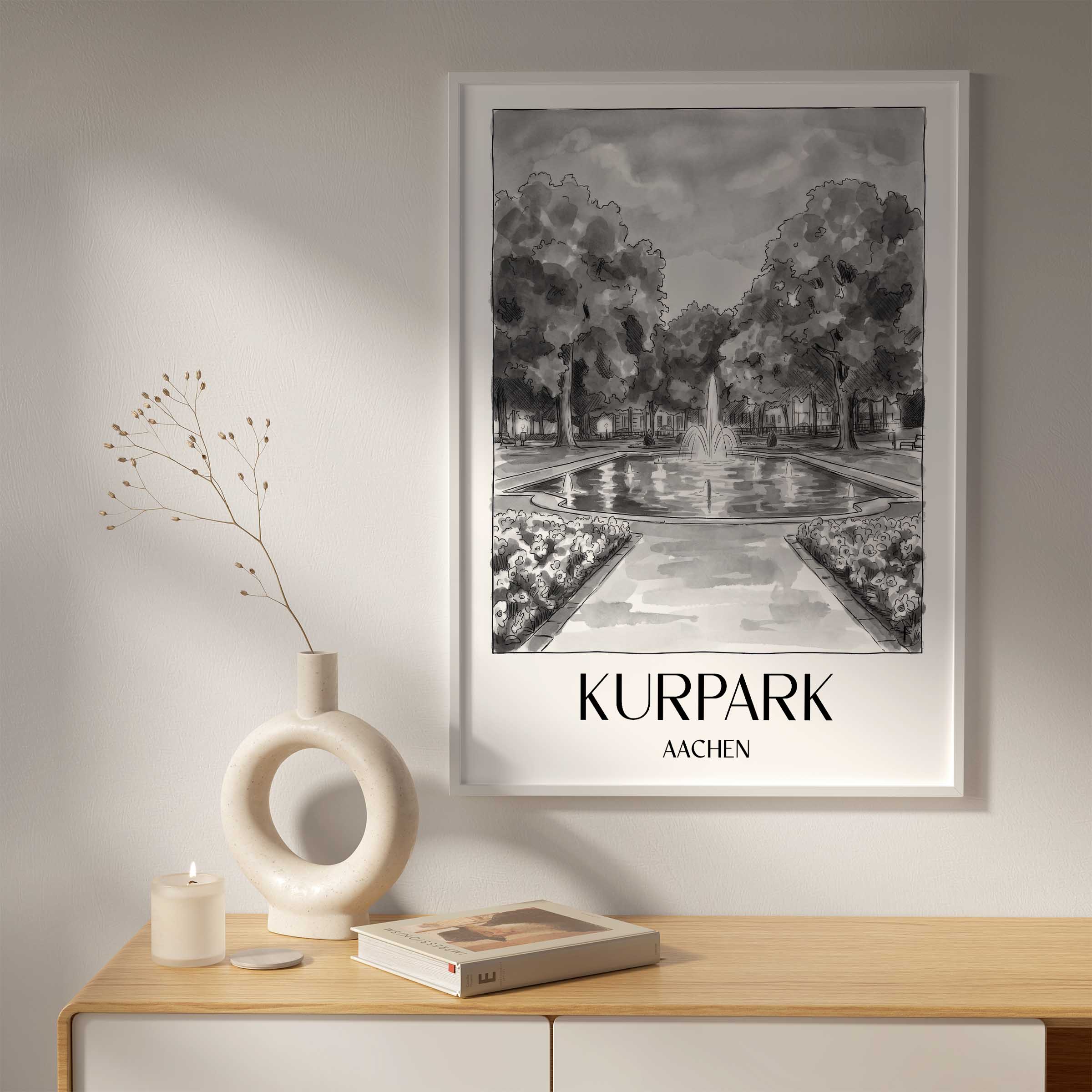 kurpark-aachen-deutschland-poster-aquarell-schwarz-weiss
