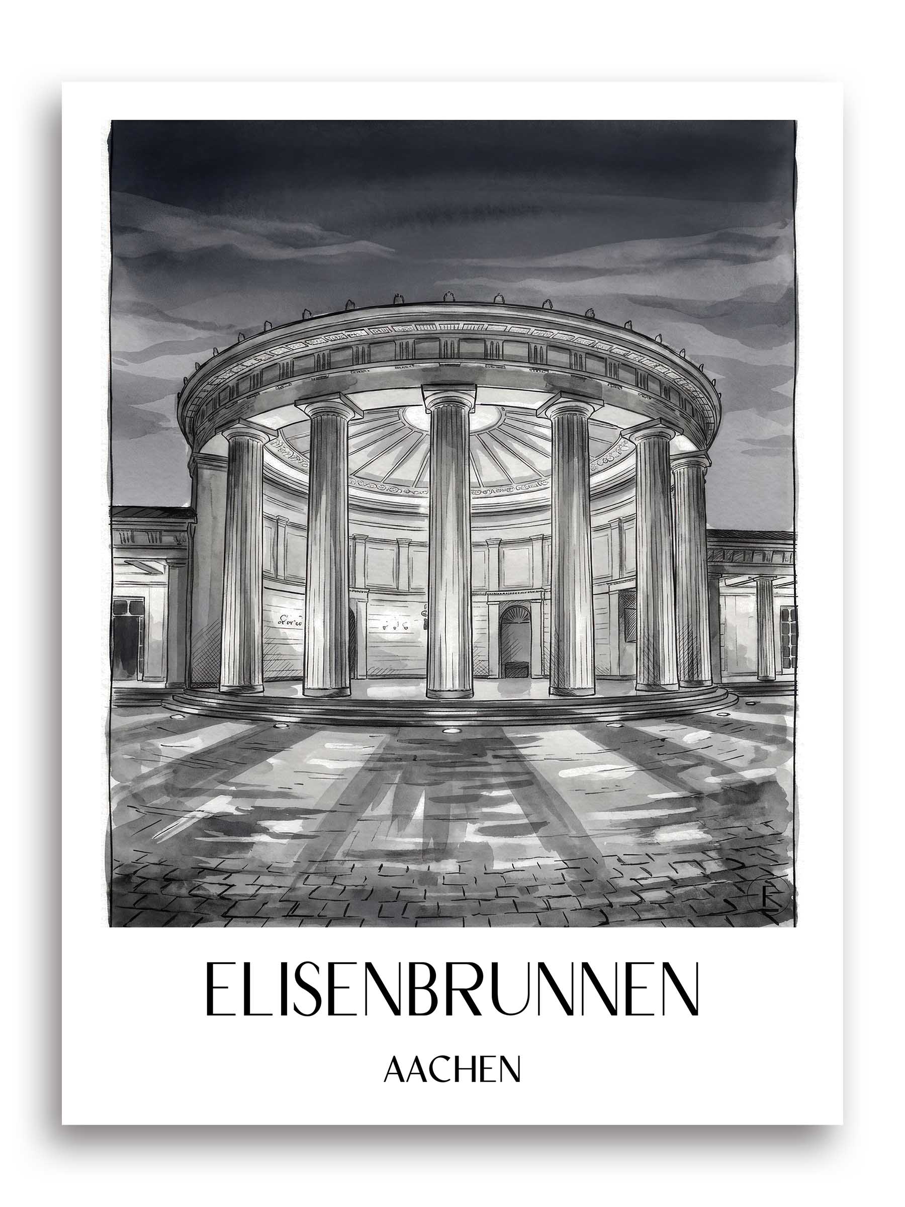 Elisenbrunnen Poster - Aachen - Deutschland Kunstdruck - Aquarell Schwarz-Weiß von A4 bis A1
