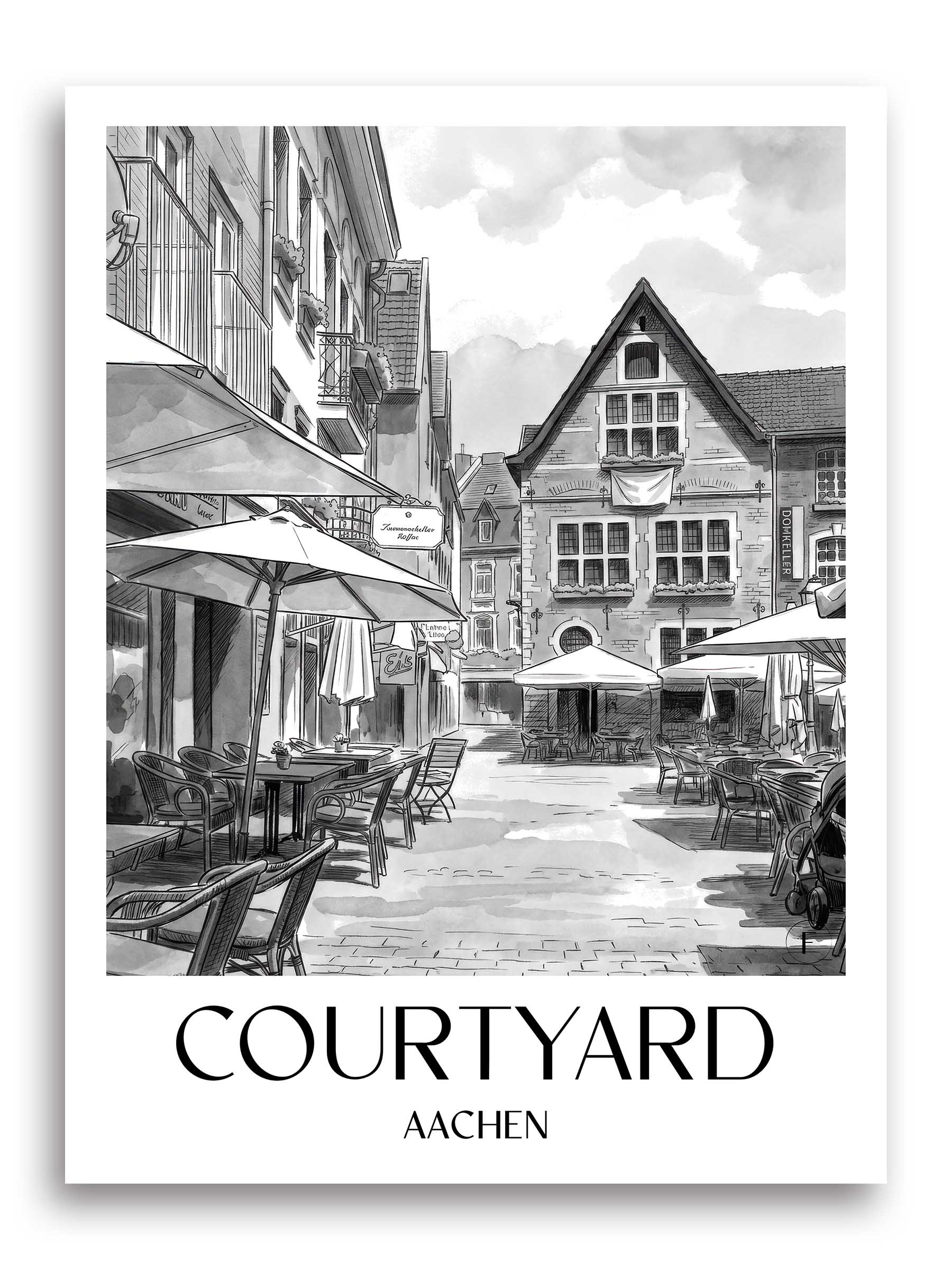Hof Poster - Aachen - Deutschland Kunstdruck - Aquarell Schwarz-Weiß von A4 bis A1