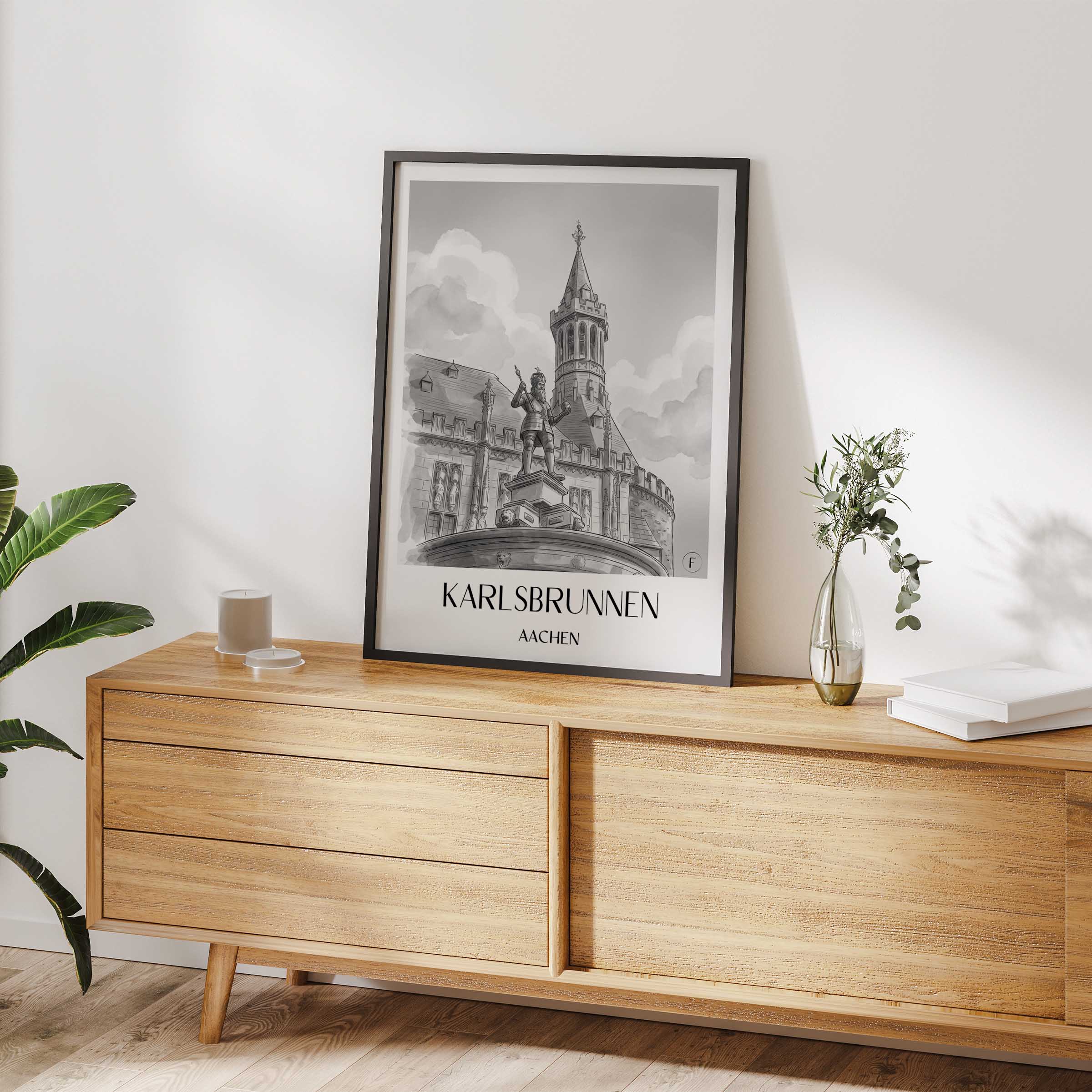 karlsbrunnen-aachen-deutschland-poster-aquarell-schwarz-weiss
