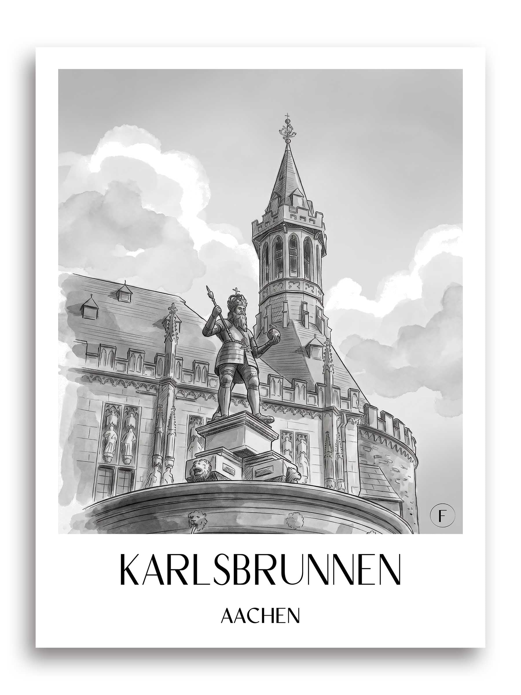 Karlsbrunnen Poster - Aachen - Deutschland Kunstdruck - Aquarell Schwarz-Weiß von A4 bis A1