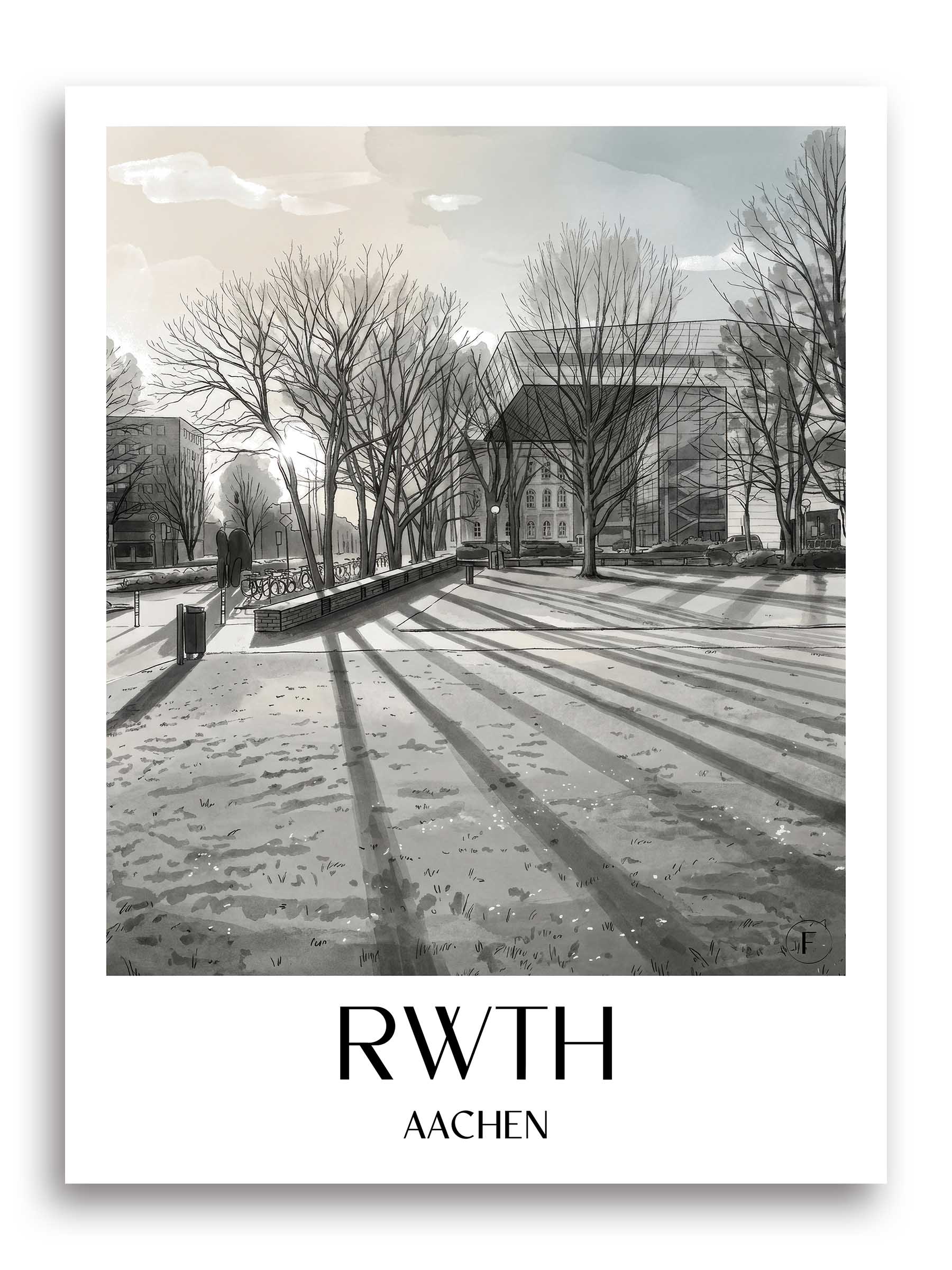 Rwth Poster - Aachen - Deutschland Kunstdruck - Aquarell Schwarz-Weiß von A4 bis A1