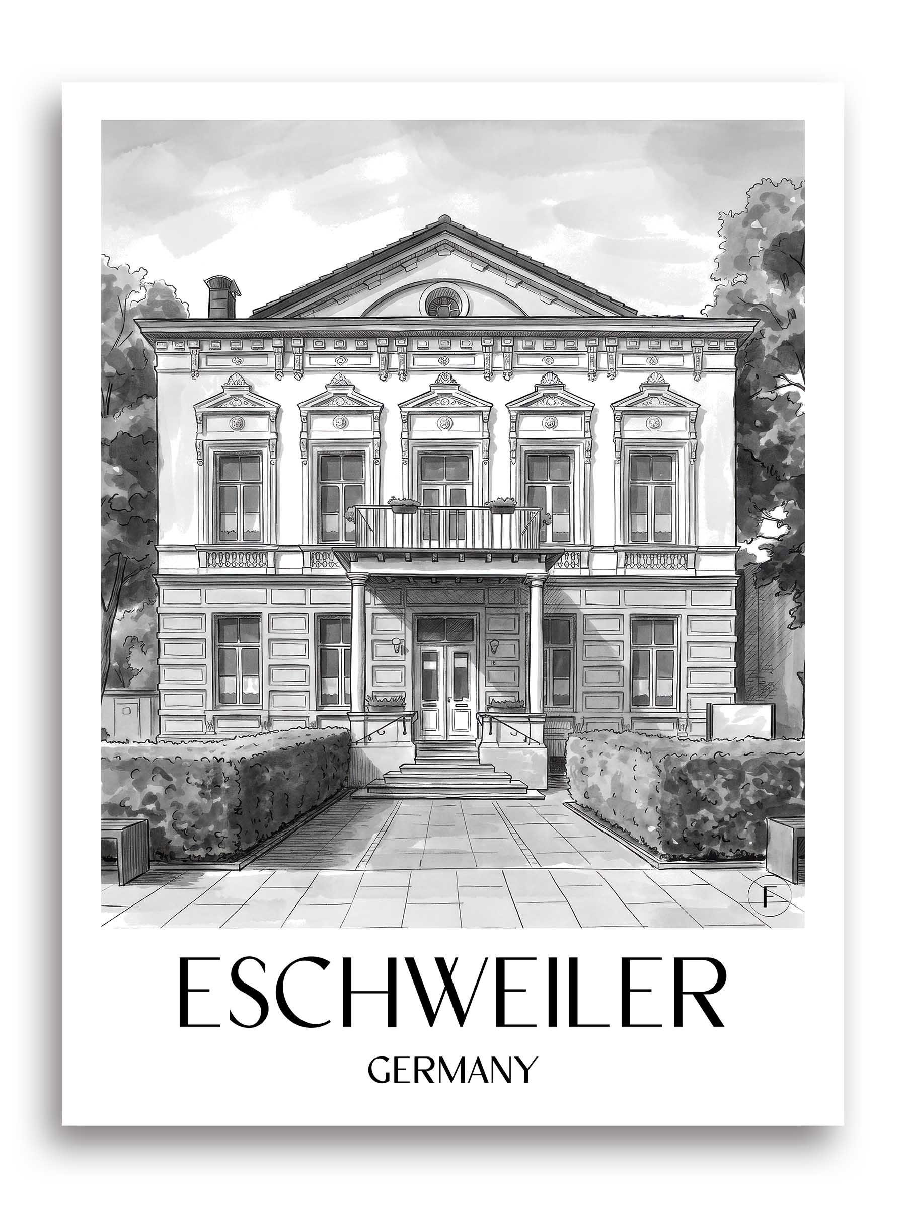 Eschweiler Poster - Rheinland - Deutschland Kunstdruck - Aquarell Schwarz-Weiß von A4 bis A1