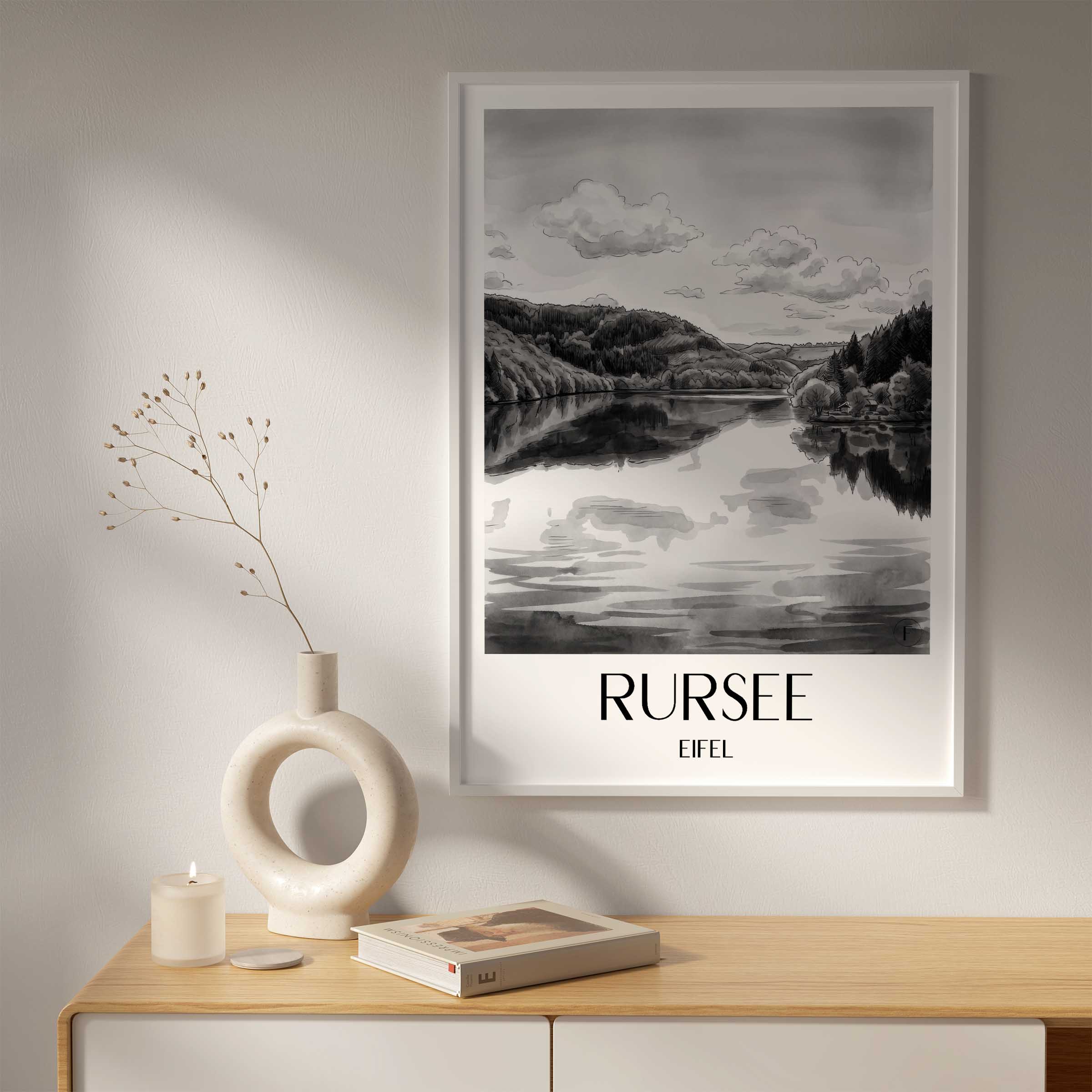 rursee-eifel-deutschland-poster-aquarell-schwarz-weiss