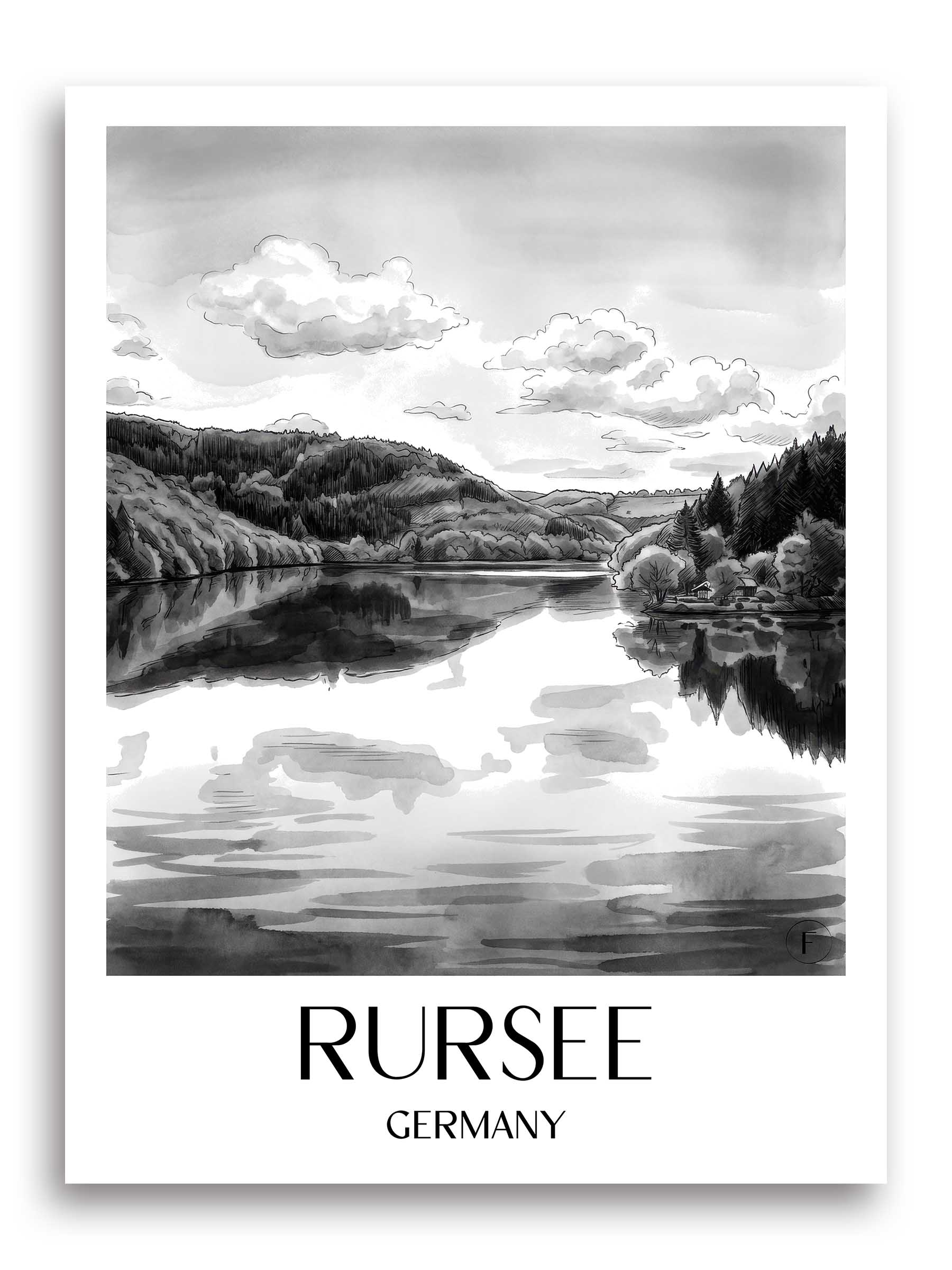 Rursee Poster - Eifel - Deutschland Kunstdruck - Aquarell Schwarz-Weiß von A4 bis A1