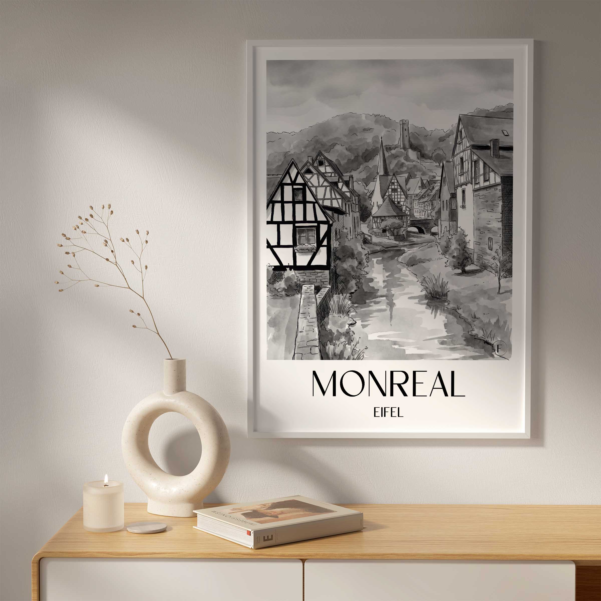 monreal-eifel-deutschland-poster-aquarell-schwarz-weiss