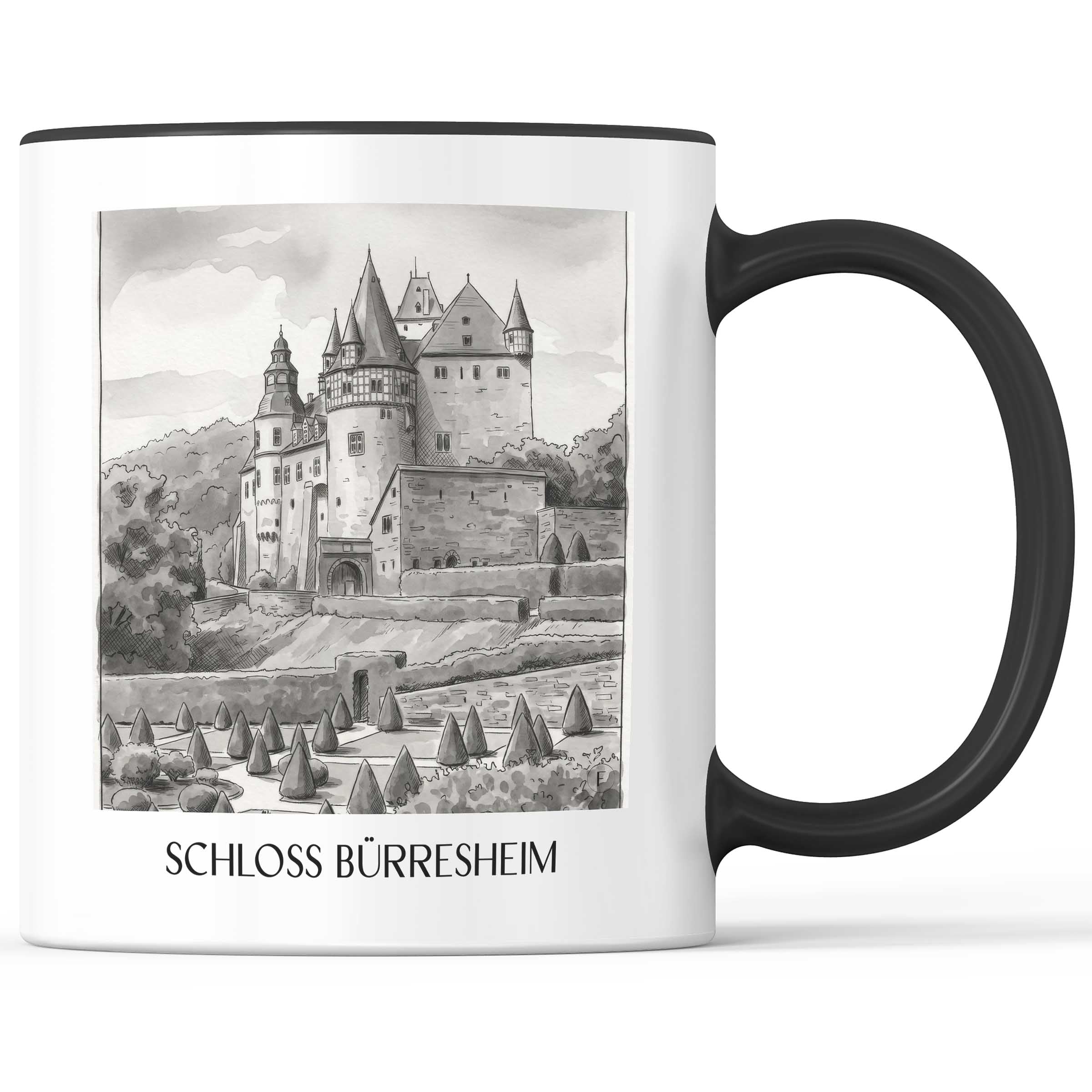 schloss-bürresheim-eifel-deutschland-kaffeebecher-aquarell-schwarz-weiss
