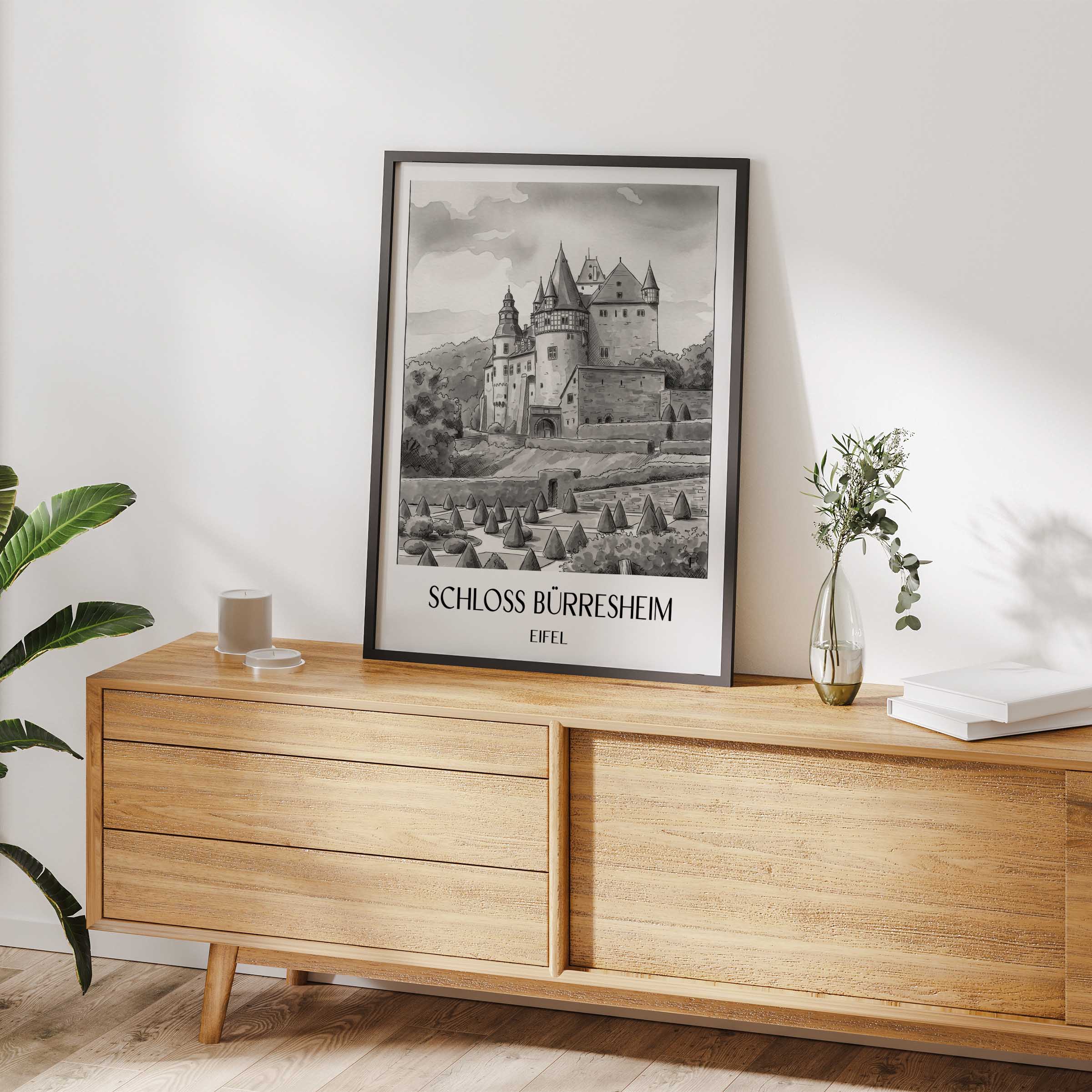 schloss-bürresheim-eifel-deutschland-poster-aquarell-schwarz-weiss