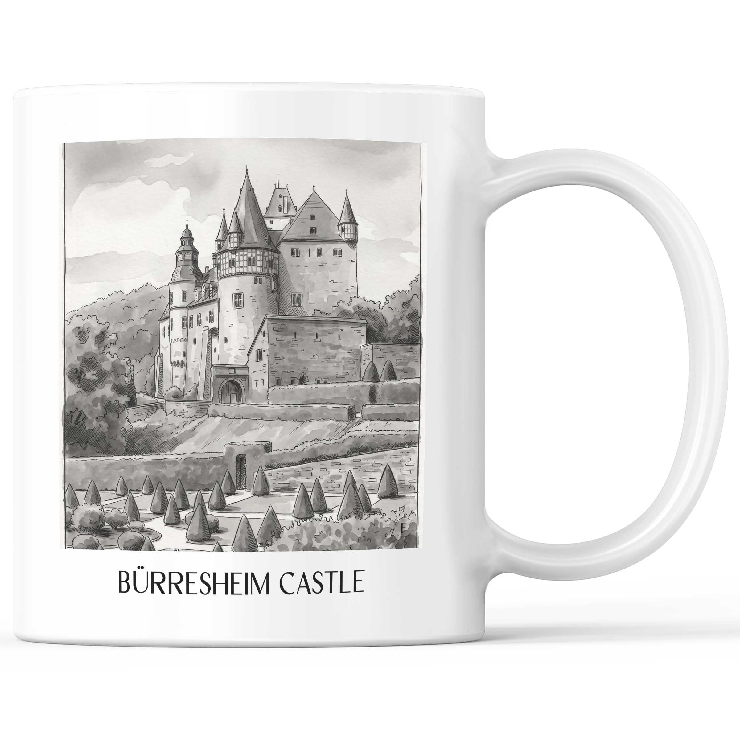 Schloss Bürresheim Kaffeebecher - Eifel - Deutschland Becher - Kaffeetasse im Aquarell Schwarz-Weiß Stil
