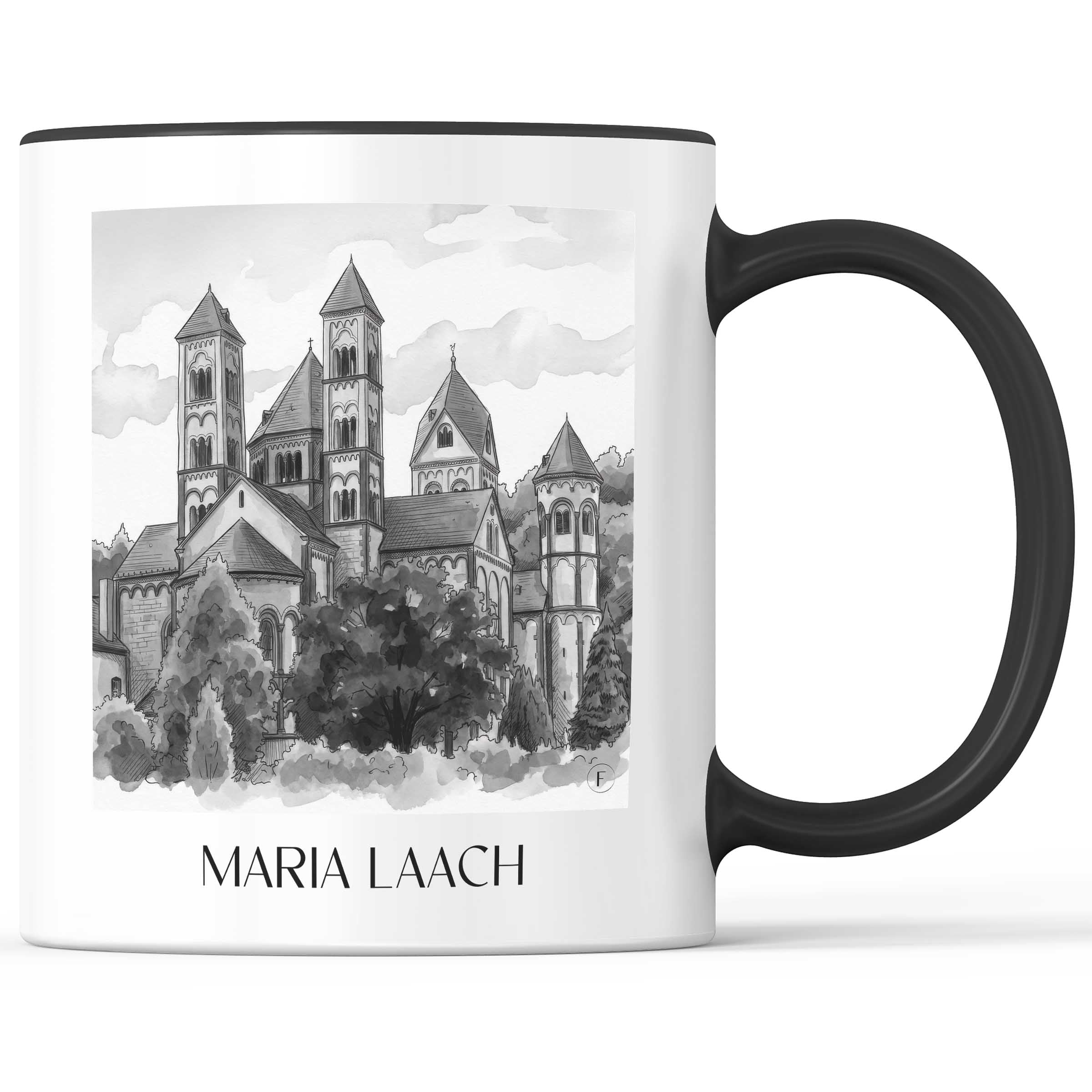 Maria Laach Kaffeebecher - Eifel - Deutschland Becher - Kaffeetasse im Aquarell Schwarz-Weiß Stil