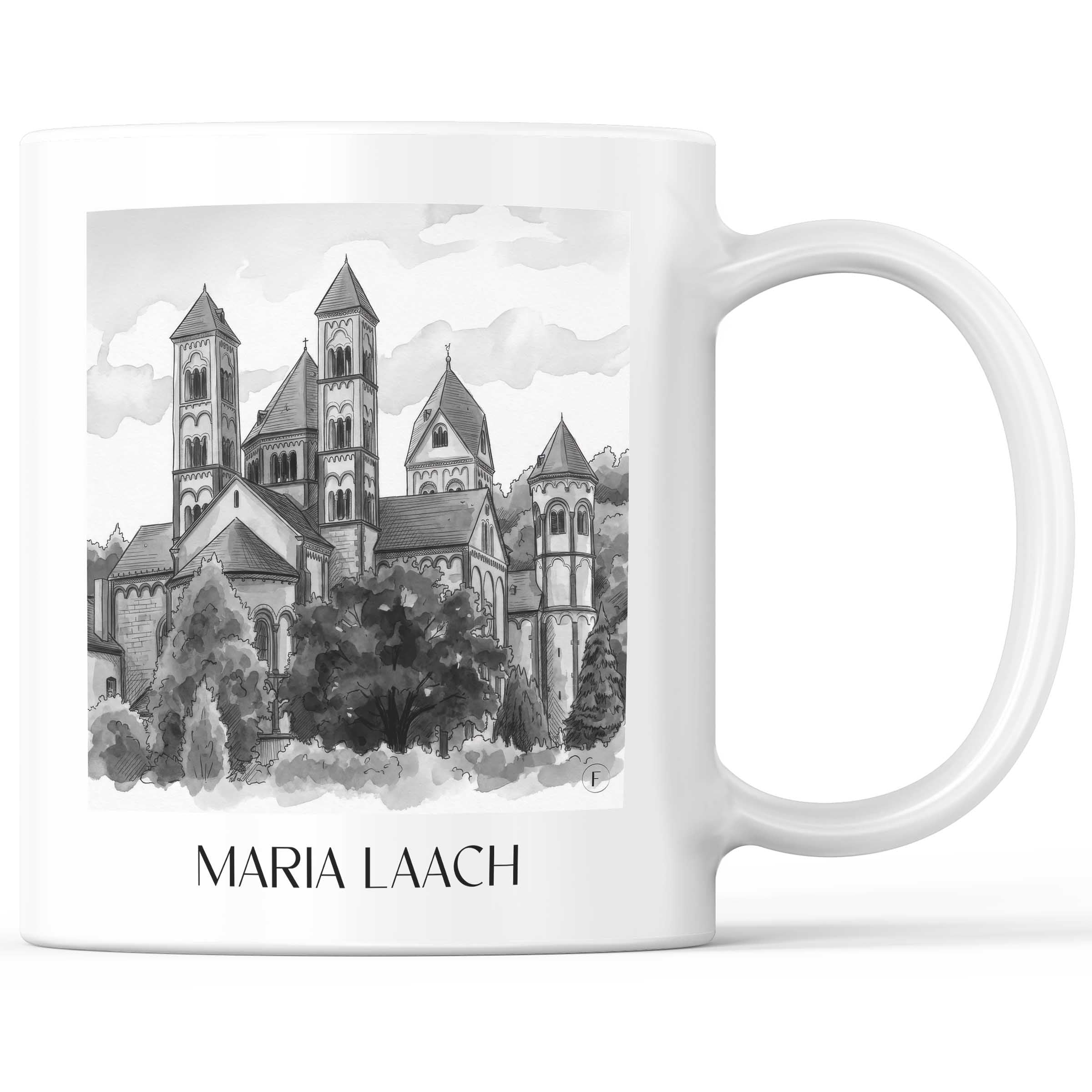 Maria Laach Kaffeebecher - Eifel - Deutschland Becher - Kaffeetasse im Aquarell Schwarz-Weiß Stil