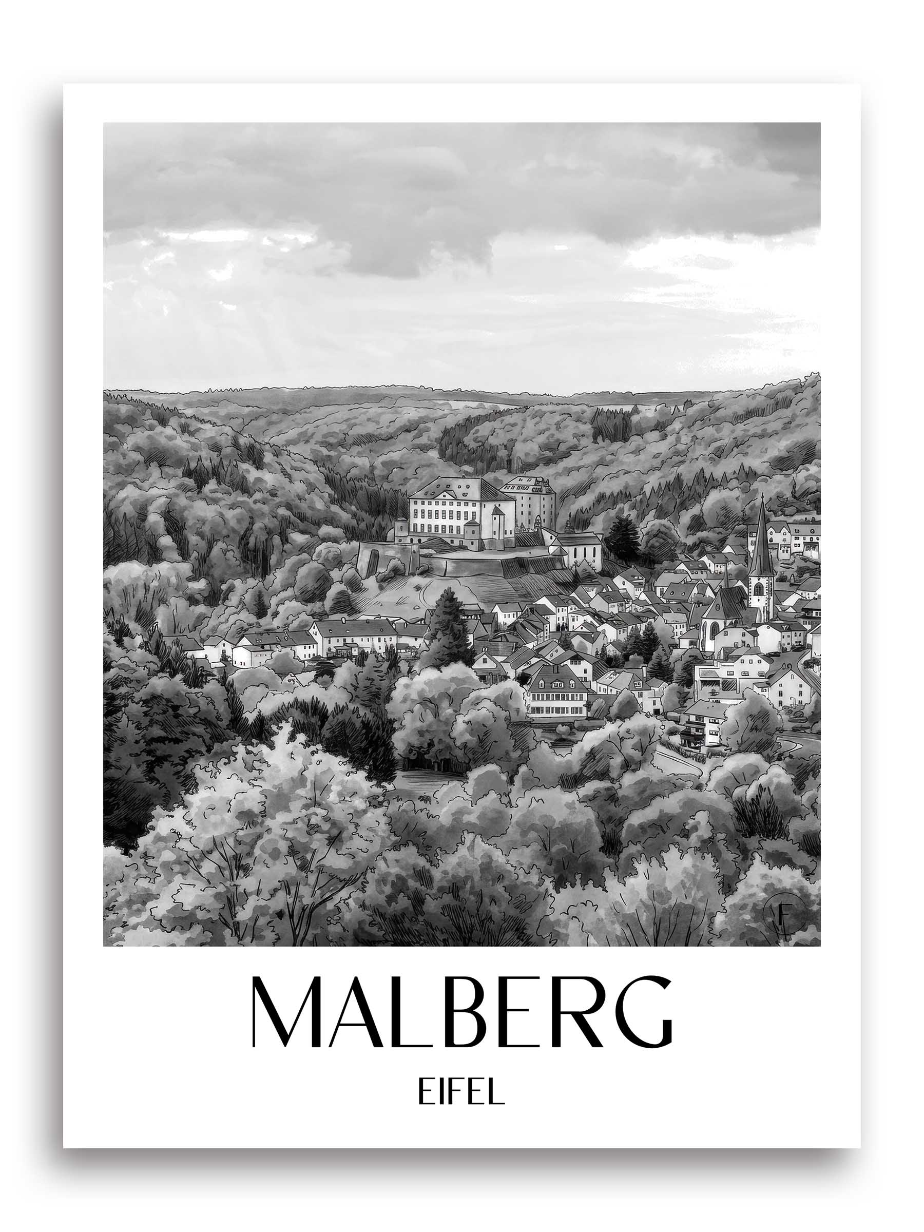 malberg-eifel-deutschland-poster-aquarell-schwarz-weiss
