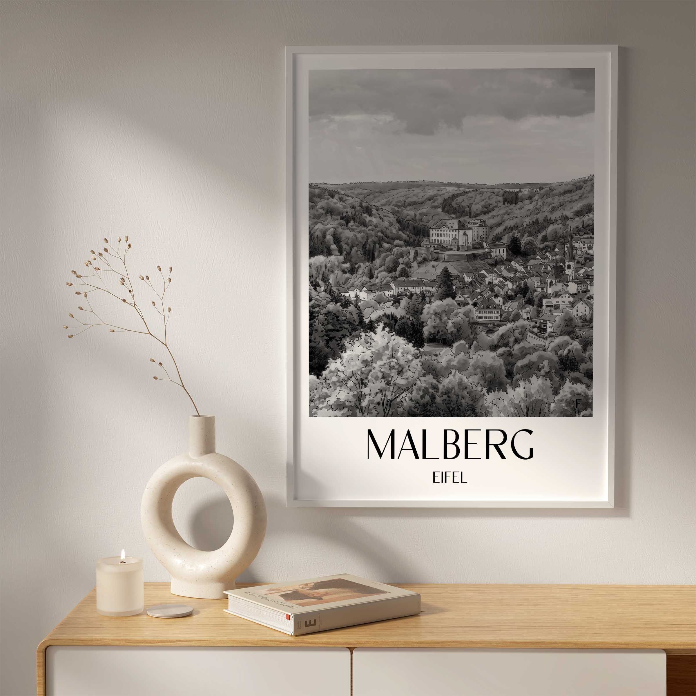 malberg-eifel-deutschland-poster-aquarell-schwarz-weiss