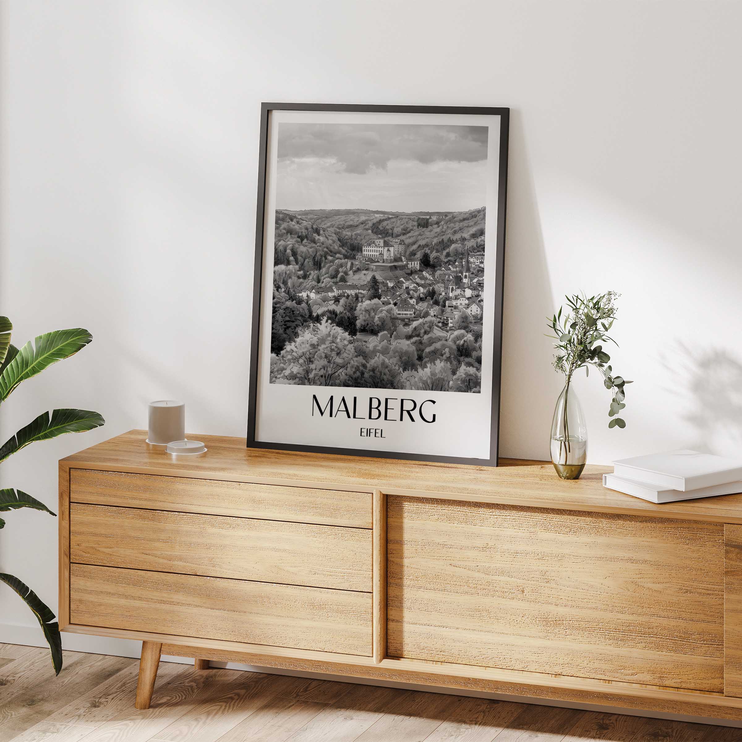 malberg-eifel-deutschland-poster-aquarell-schwarz-weiss
