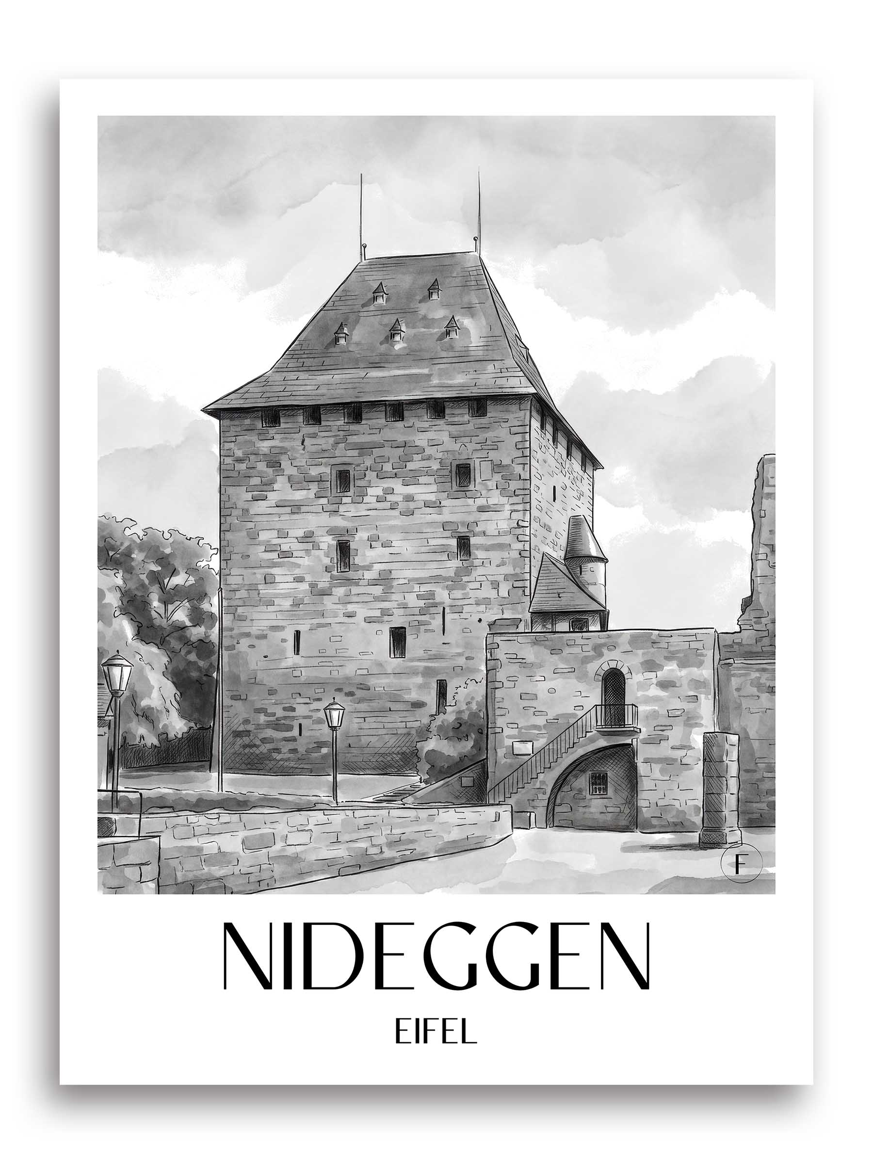 nideggen-eifel-deutschland-poster-aquarell-schwarz-weiss