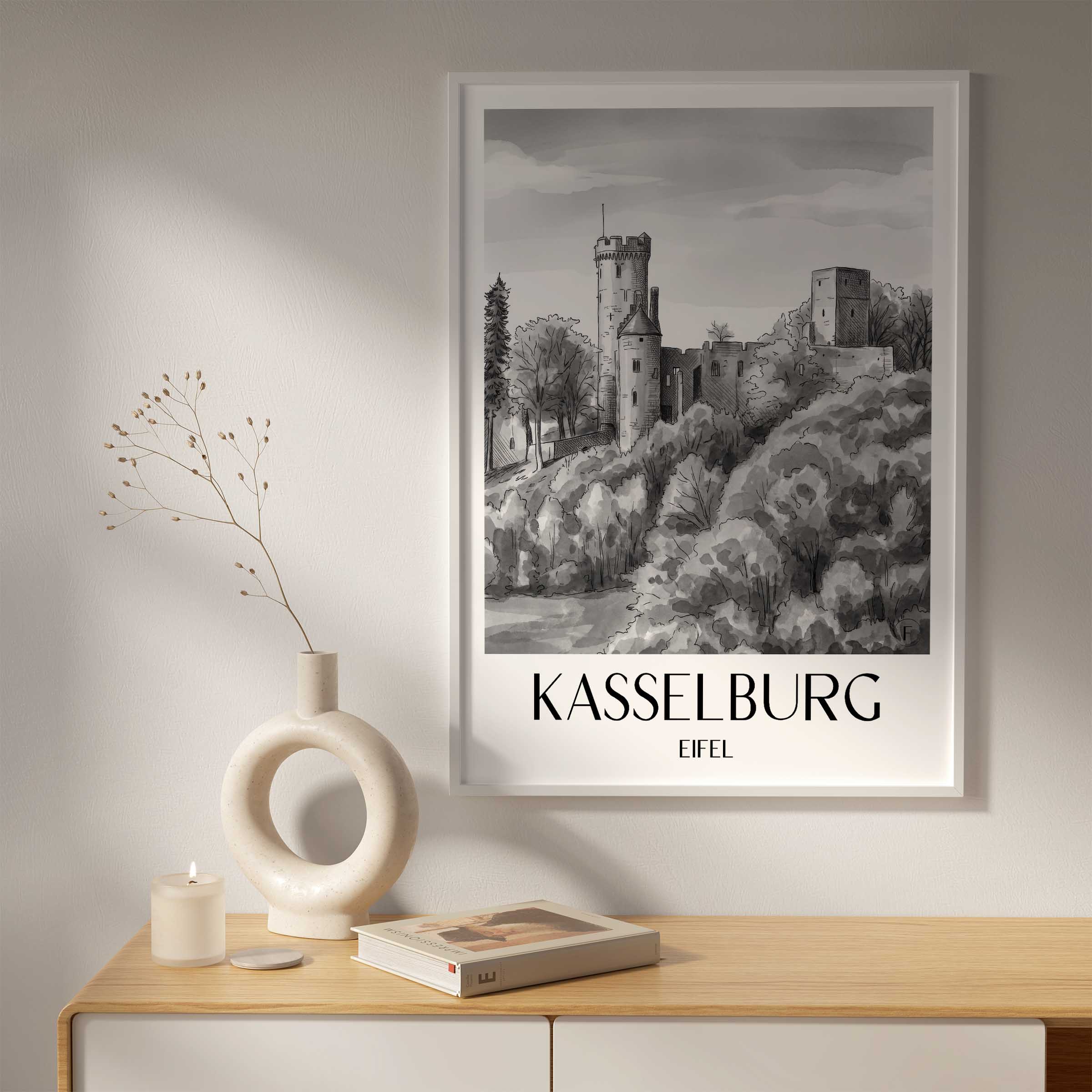 kasselburg-eifel-deutschland-poster-aquarell-schwarz-weiss