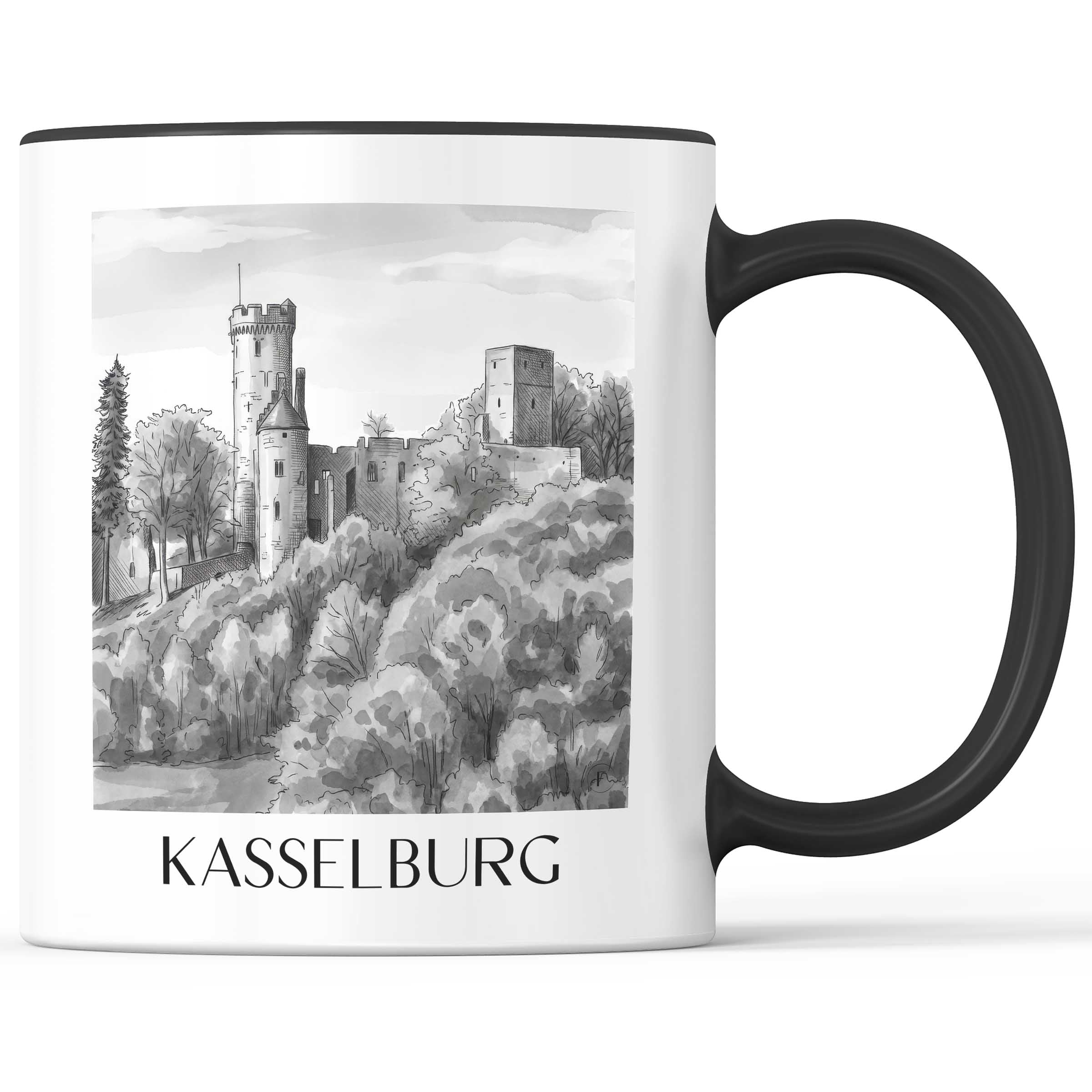 Kasselburg Kaffeebecher - Eifel - Deutschland Becher - Kaffeetasse im Aquarell Schwarz-Weiß Stil