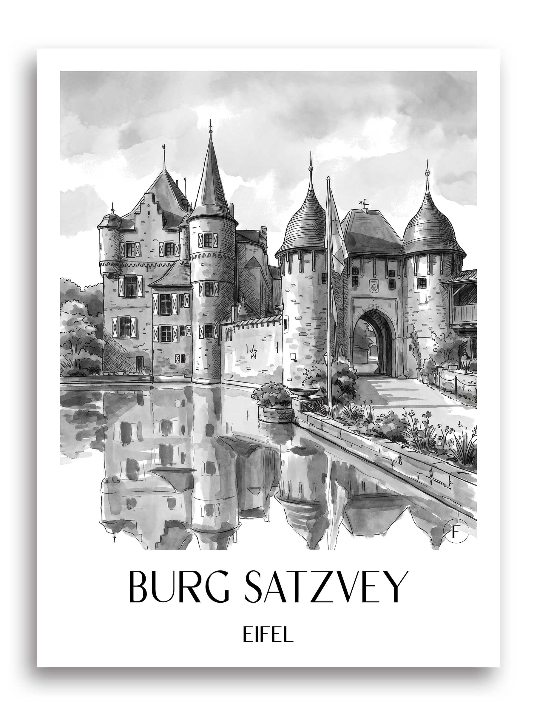burg-satzvey-eifel-deutschland-poster-aquarell-schwarz-weiss