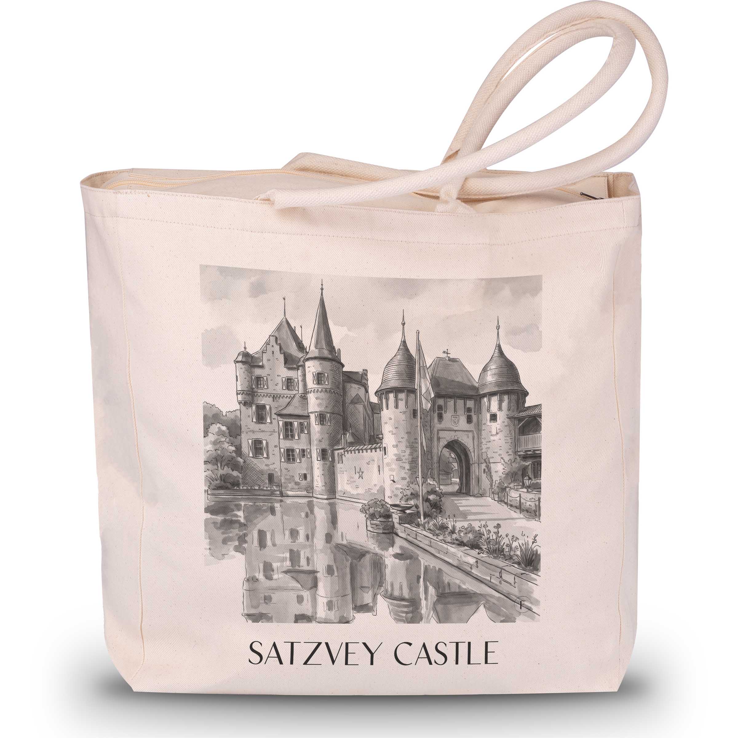 Burg Satzvey Shopping Tasche - Eifel - Deutschland Tote Bag - Einkaufstasche im Aquarell Schwarz-Weiß Stil