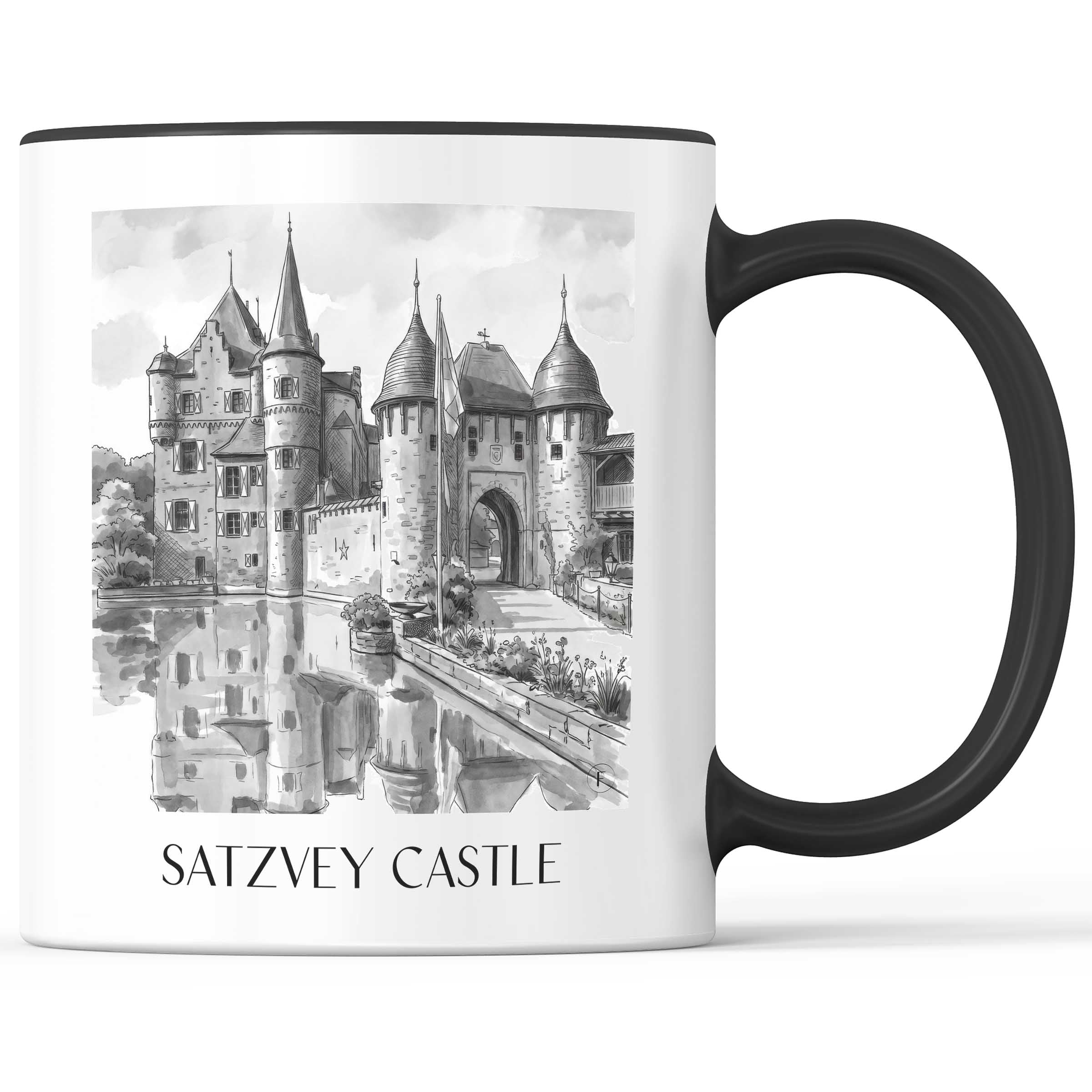 Burg Satzvey Kaffeebecher - Eifel - Deutschland Becher - Kaffeetasse im Aquarell Schwarz-Weiß Stil
