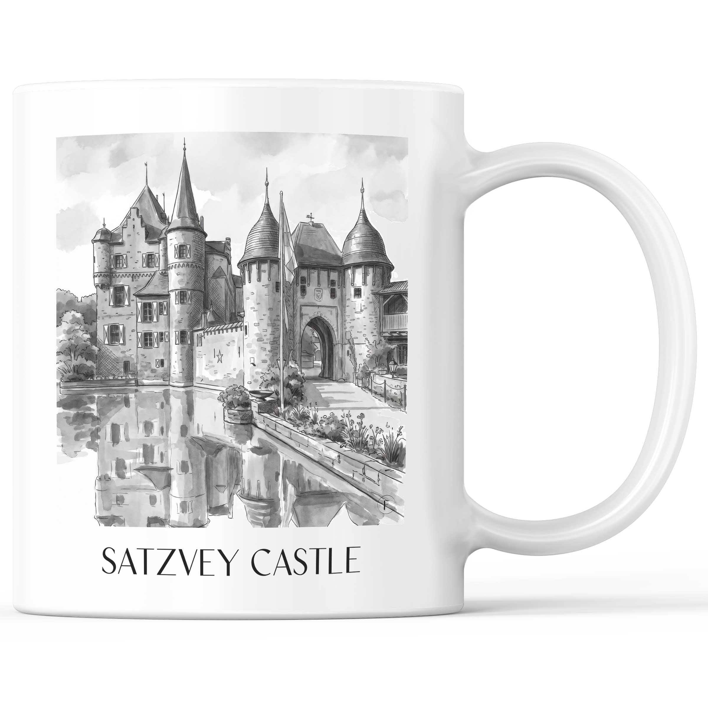 Burg Satzvey Kaffeebecher - Eifel - Deutschland Becher - Kaffeetasse im Aquarell Schwarz-Weiß Stil