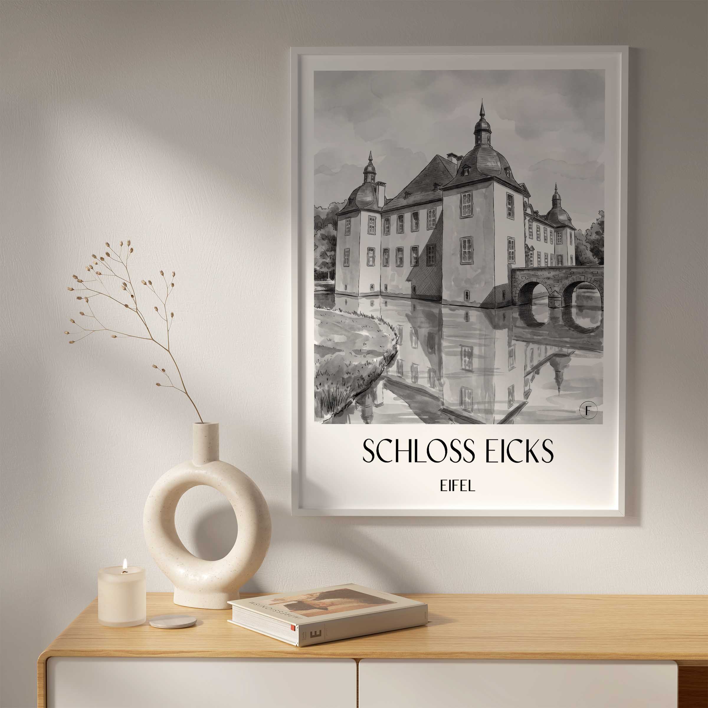 schloss-eicks-eifel-deutschland-poster-aquarell-schwarz-weiss