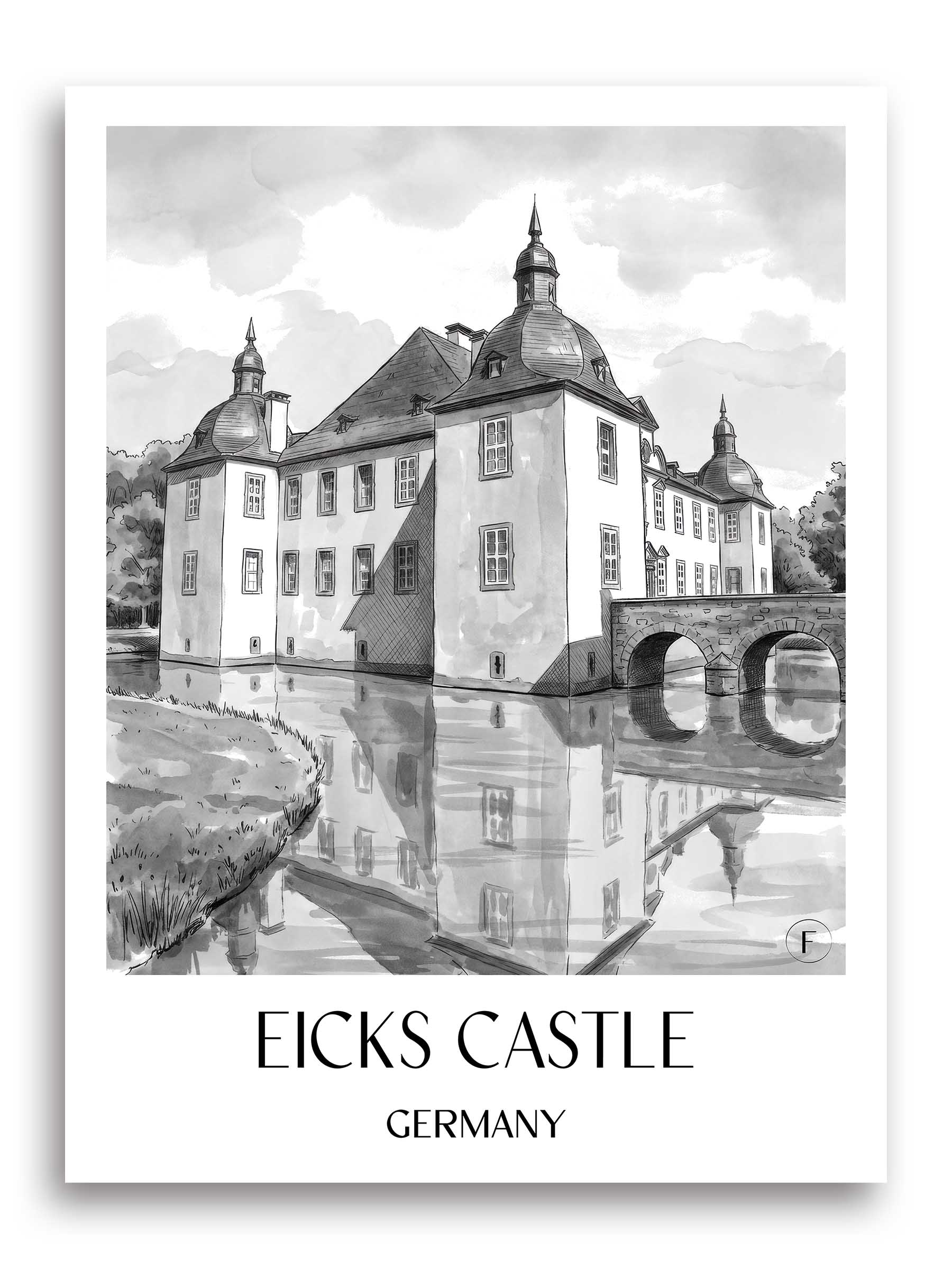 Eicks Castle Poster - Eifel - Germany Art Print - Watercolor Black and White from A4 to A1