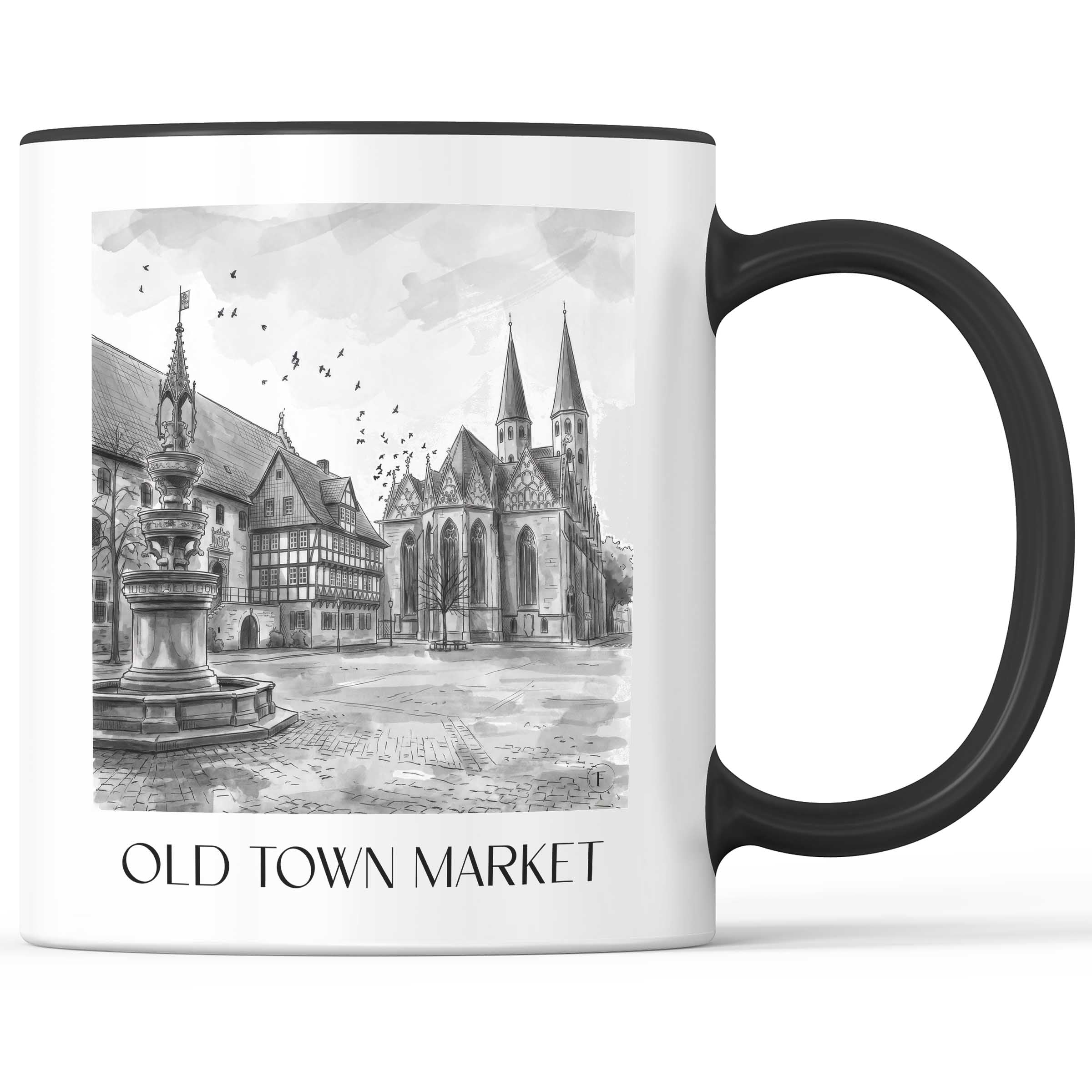 Altstadtmarkt Kaffeebecher - Braunschweig - Deutschland Becher - Kaffeetasse im Aquarell Schwarz-Weiß Stil