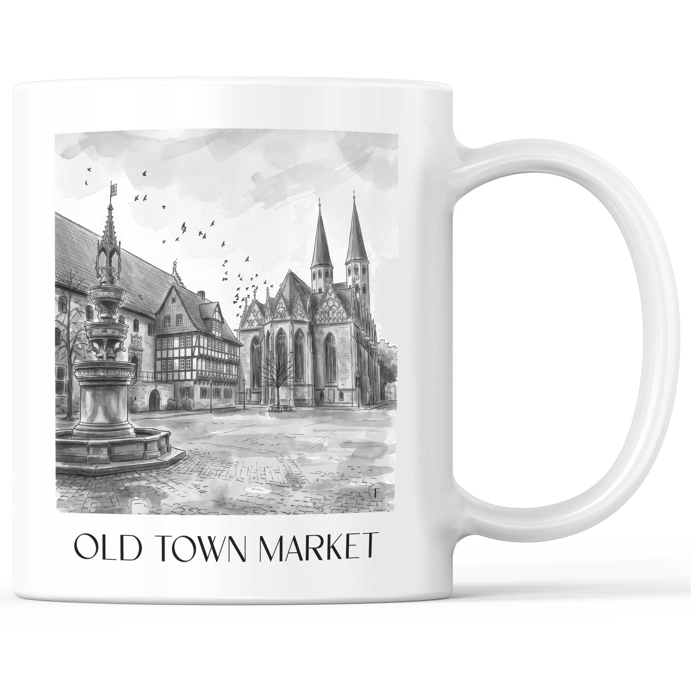 Altstadtmarkt Kaffeebecher - Braunschweig - Deutschland Becher - Kaffeetasse im Aquarell Schwarz-Weiß Stil