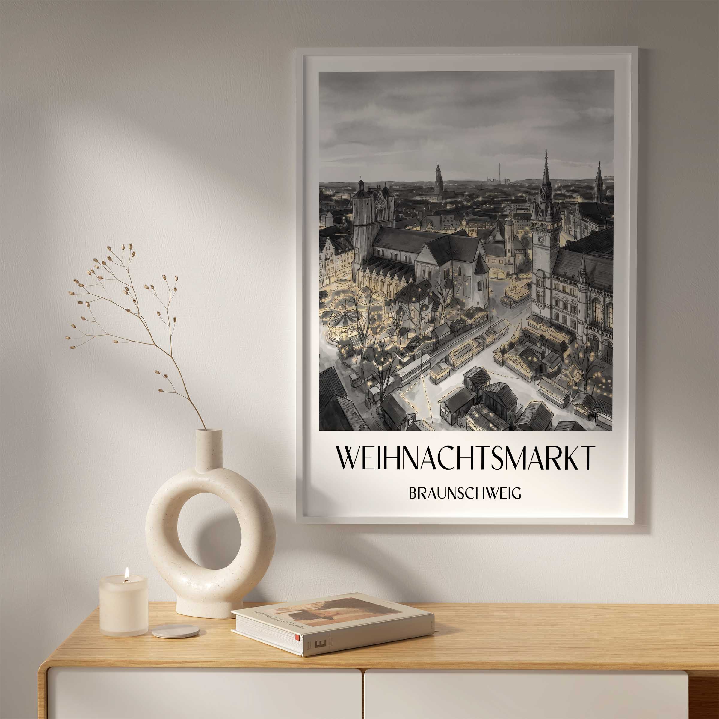 weihnachtsmarkt-braunschweig-deutschland-poster-aquarell-schwarz-weiss