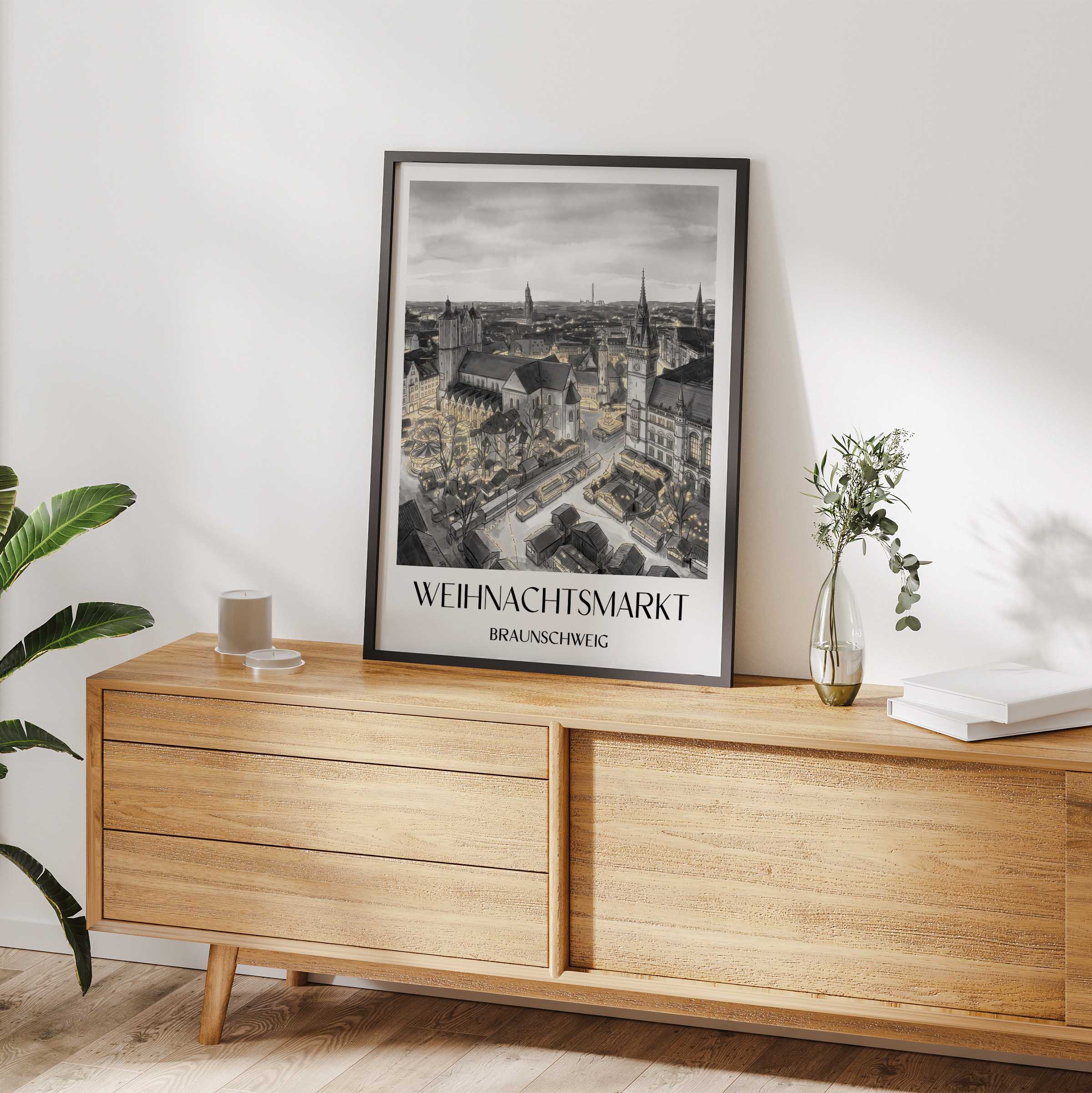 weihnachtsmarkt-braunschweig-deutschland-poster-aquarell-schwarz-weiss
