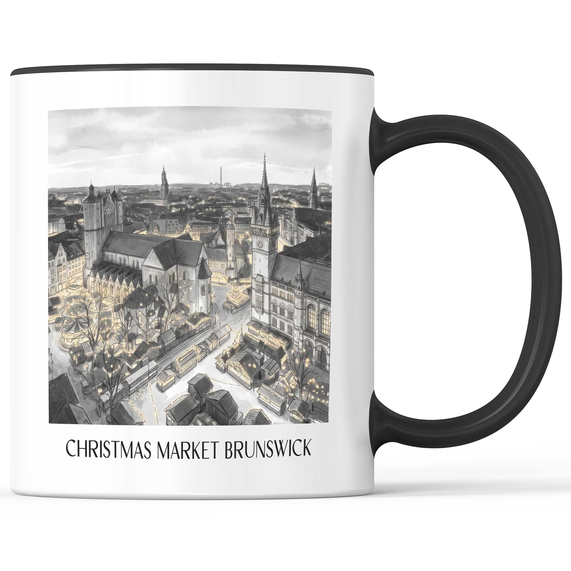 Weihnachtsmarkt Kaffeebecher - Braunschweig - Deutschland Becher - Kaffeetasse im Aquarell Schwarz-Weiß Stil
